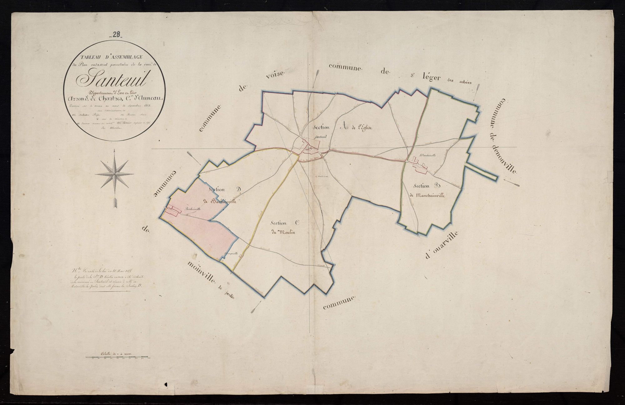 Tableau d'assemblage du plan cadastral parcellaire de la commune de Santeuil, Canton d'Auneau, Arrondissement de Chartres / Terminé sur le terrain en 1813 (...) par Monsieur Morlet, [Géomètre].