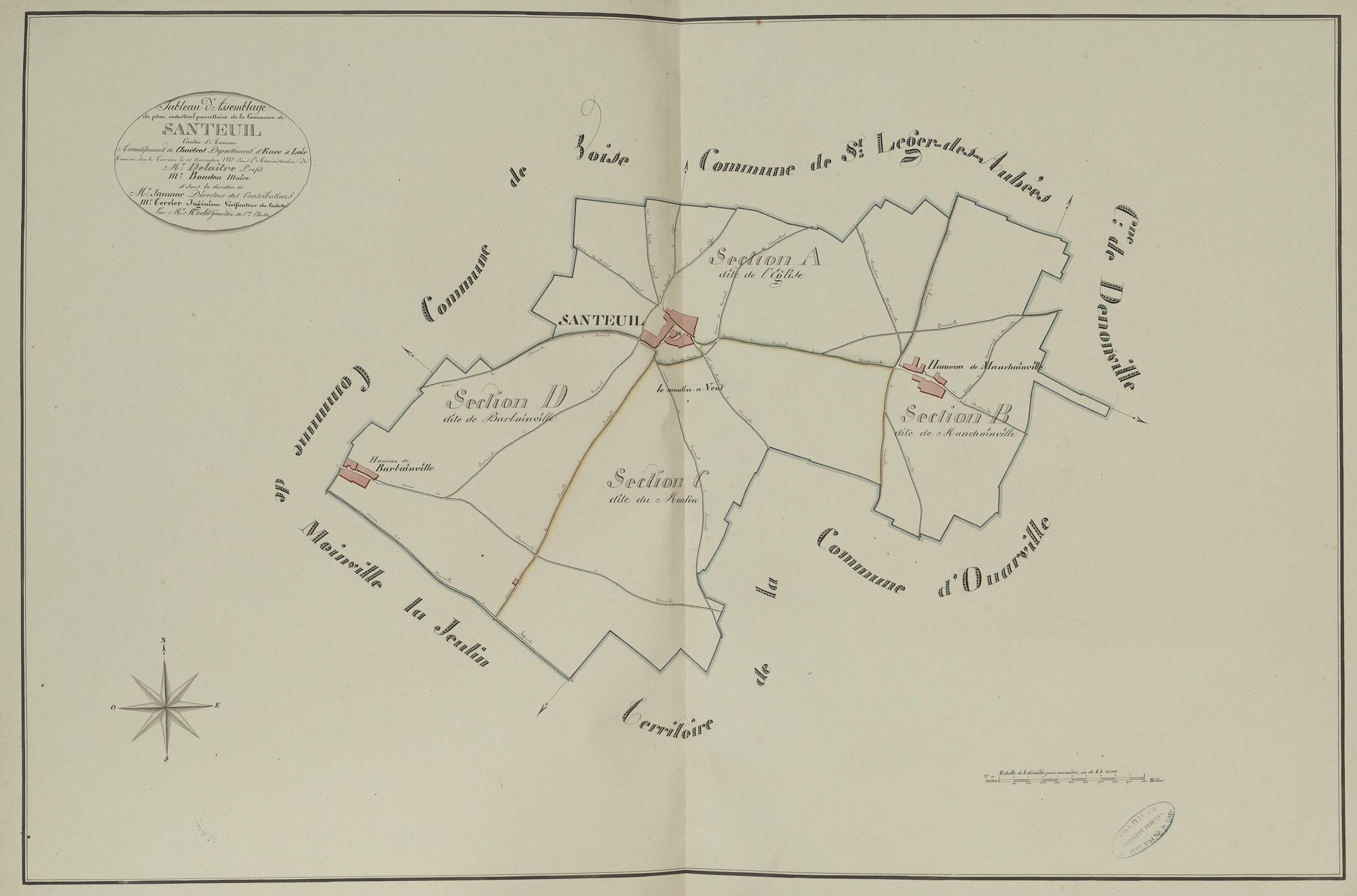Tableau d'assemblage du plan parcellaire de la commune de Santeuil, Canton d'Auneau, Arrondissement de Chartres / Terminé sur le terrain le 15 novembre 1813 (...) par Monsieur Morlet, Géomètre de 1ère classe.