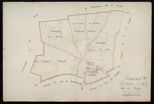 Section A, l'Eglise, feuille 1 / Terminé sur le terrain par Monsieur Lefevre, Géomètre secondaire.