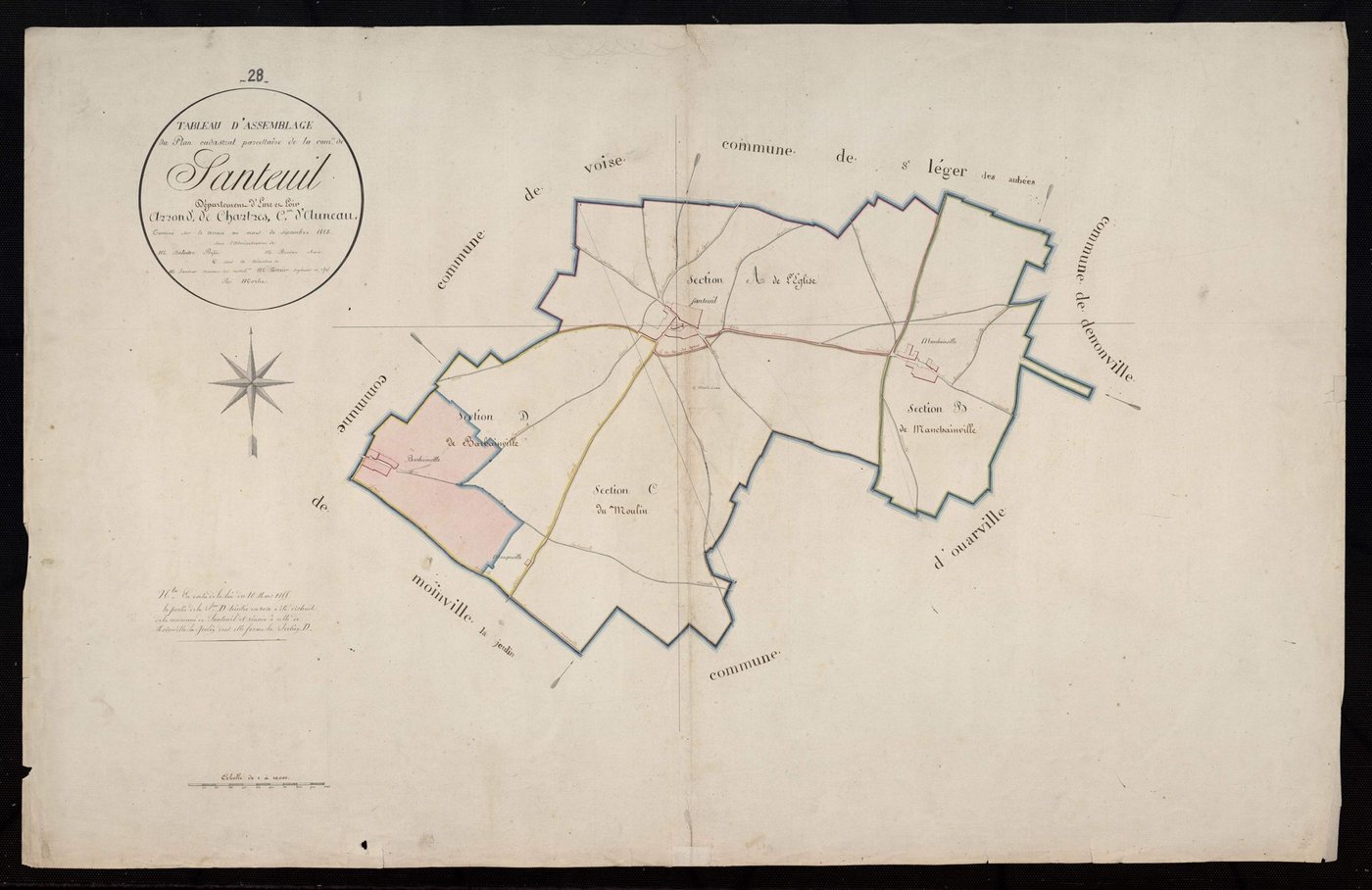 Tableau d'assemblage du plan cadastral parcellaire de la commune de Santeuil, Canton d'Auneau, Arrondissement de Chartres / Terminé sur le terrain en 1813 (...) par Monsieur Morlet, [Géomètre].