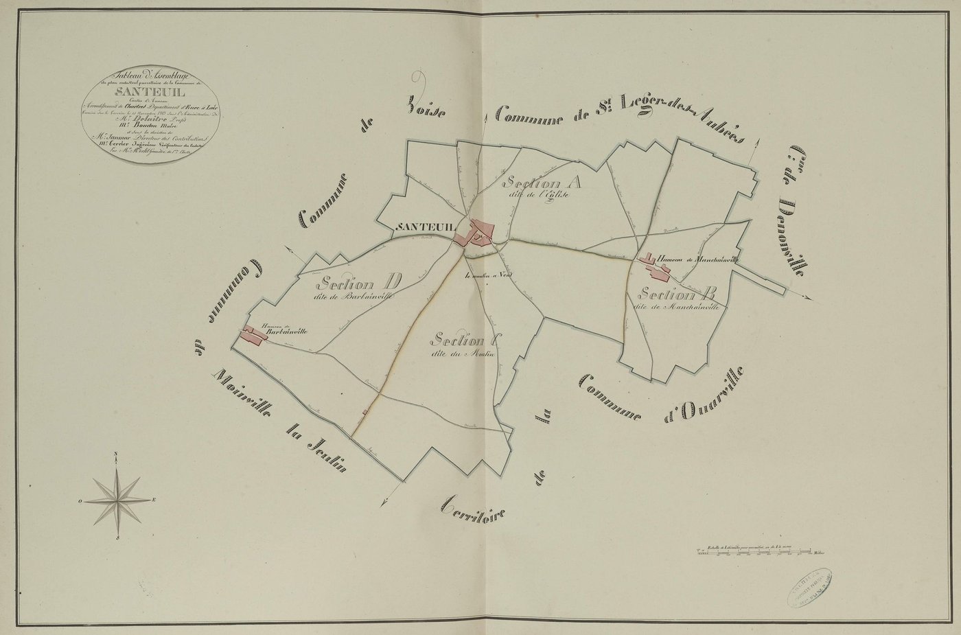 Tableau d'assemblage du plan parcellaire de la commune de Santeuil, Canton d'Auneau, Arrondissement de Chartres / Terminé sur le terrain le 15 novembre 1813 (...) par Monsieur Morlet, Géomètre de 1ère classe.