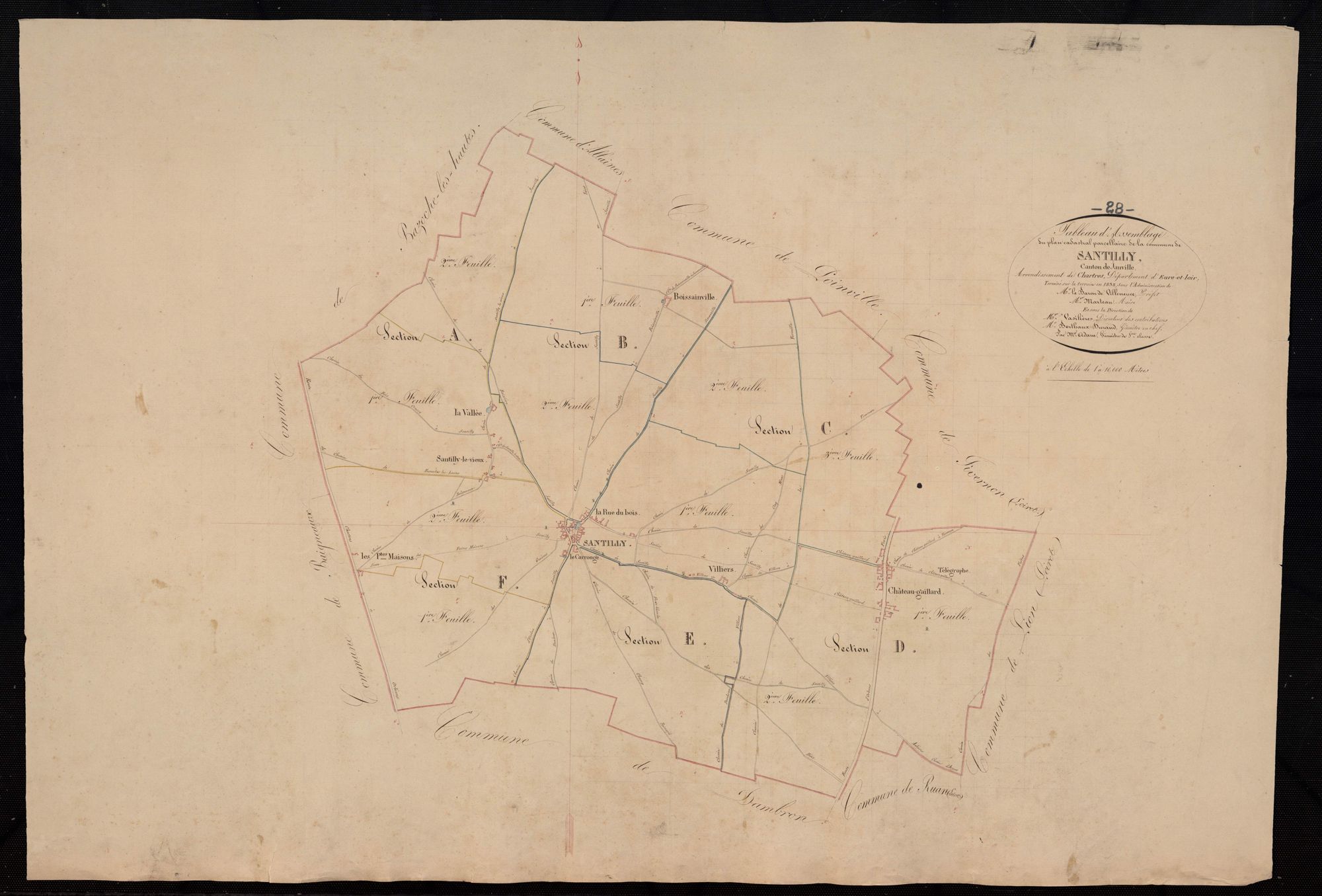Tableau d'assemblage du plan cadastral parcellaire de la commune de Santilly, Canton de Janville, Arrondissement de Chartres / Terminé sur le terrain en 1838 (...) par Monsieur Adam, Géomètre de 1ère classe.