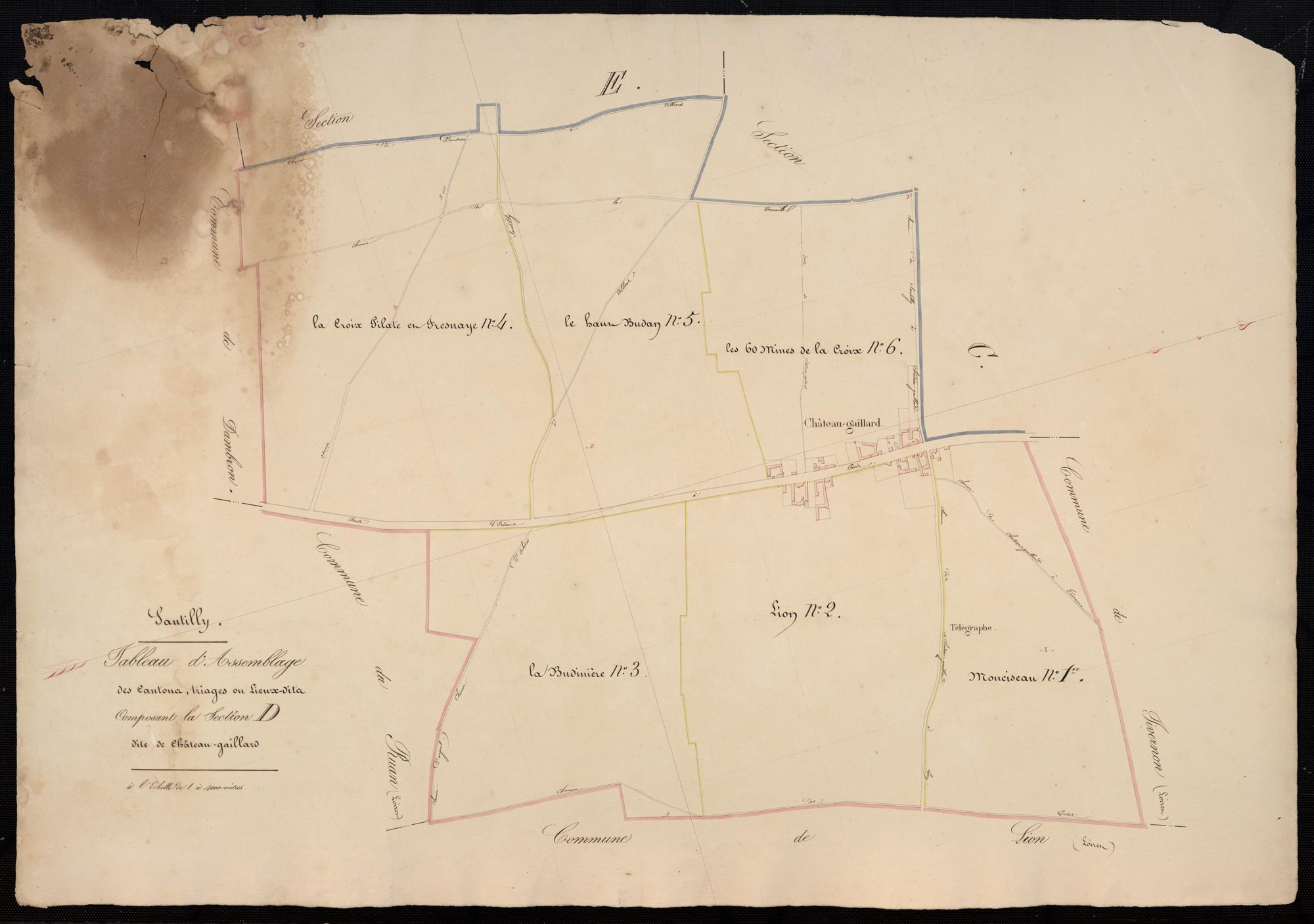 Tableau d'assemblage des cantons, triages ou lieux-dits composant la section D, Château-Gaillard.
