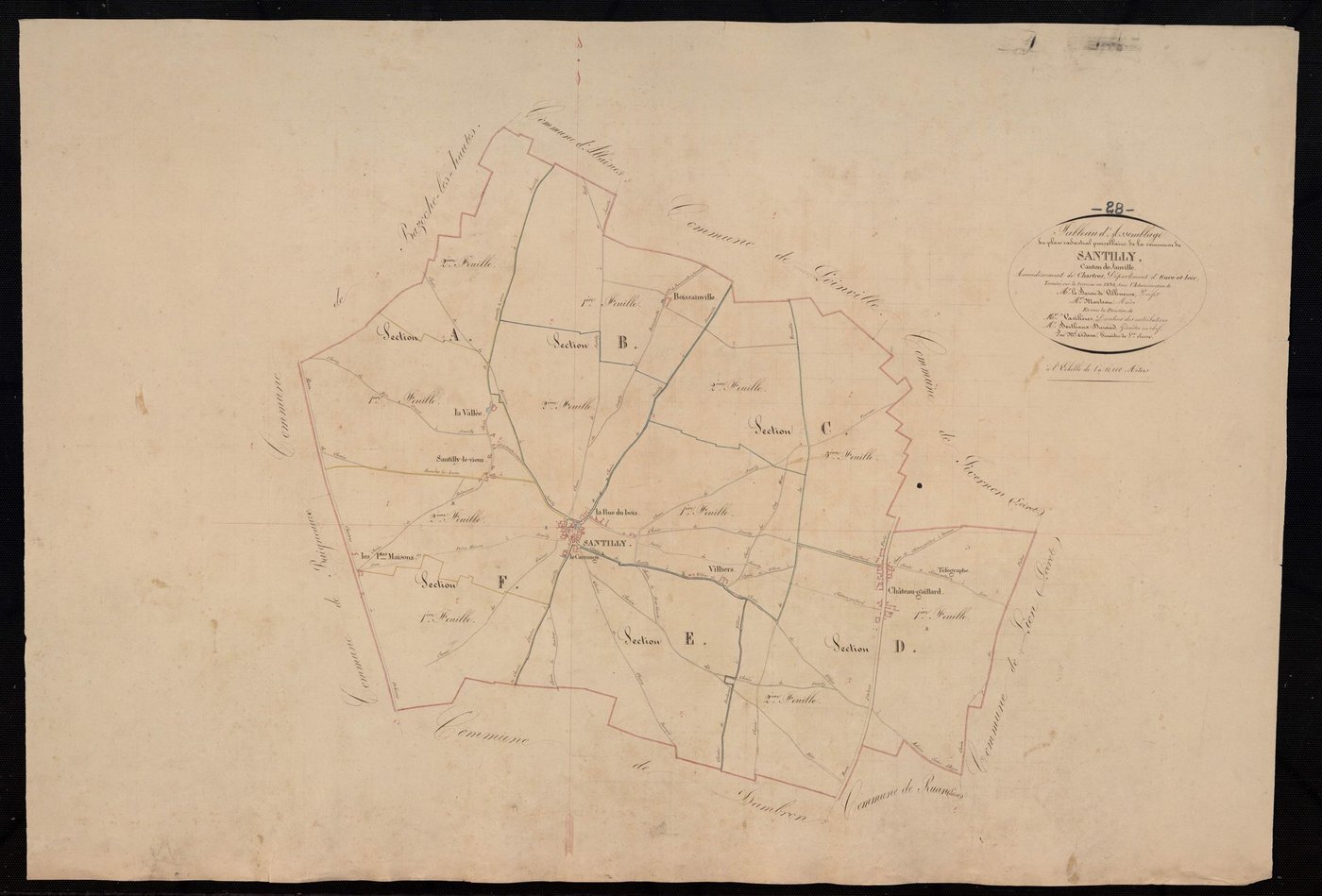 Tableau d'assemblage du plan cadastral parcellaire de la commune de Santilly, Canton de Janville, Arrondissement de Chartres / Terminé sur le terrain en 1838 (...) par Monsieur Adam, Géomètre de 1ère classe.