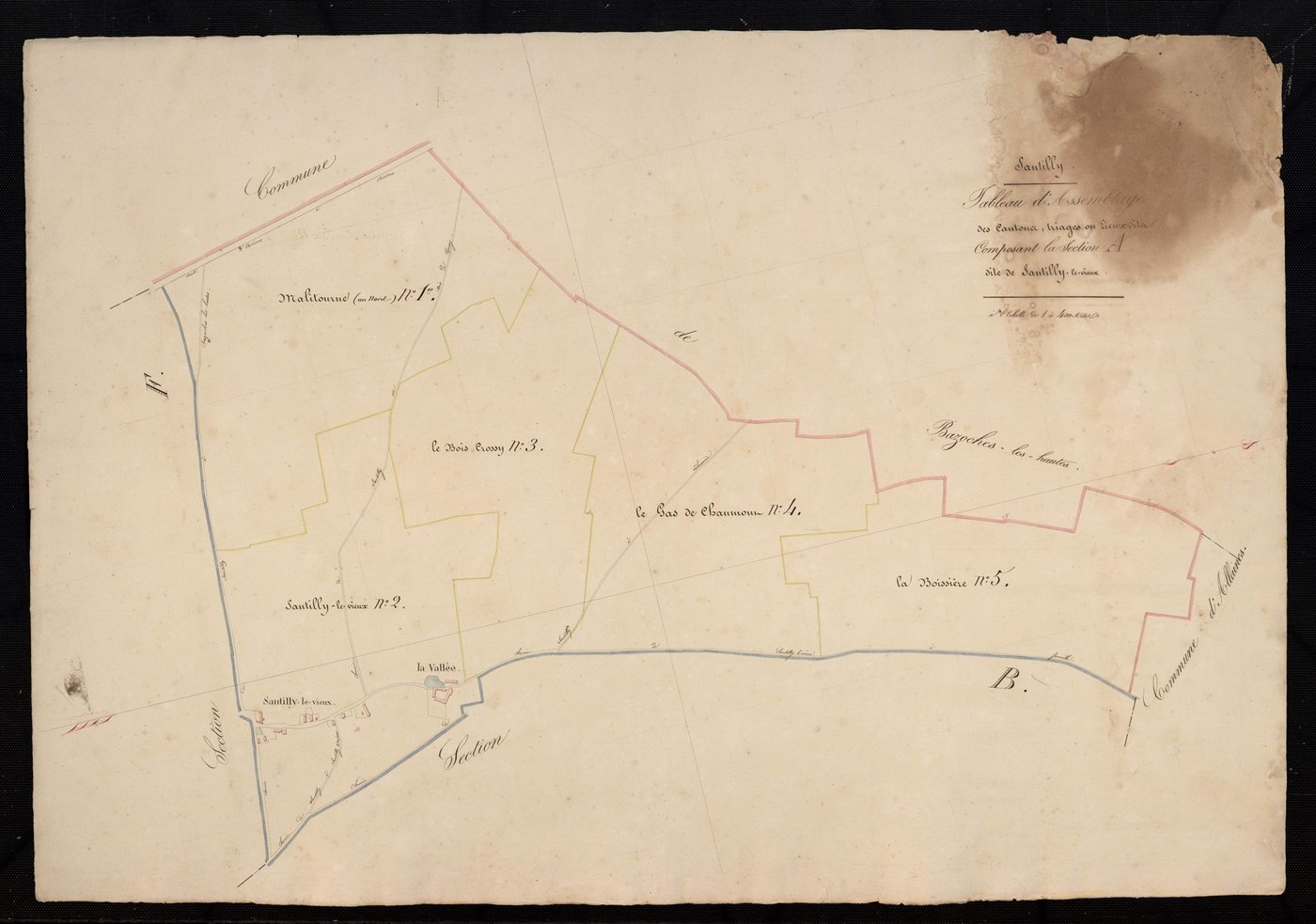 Tableau d'assemblage des cantons, triages ou lieux-dits composant la section A, Santilly-le-Vieux.