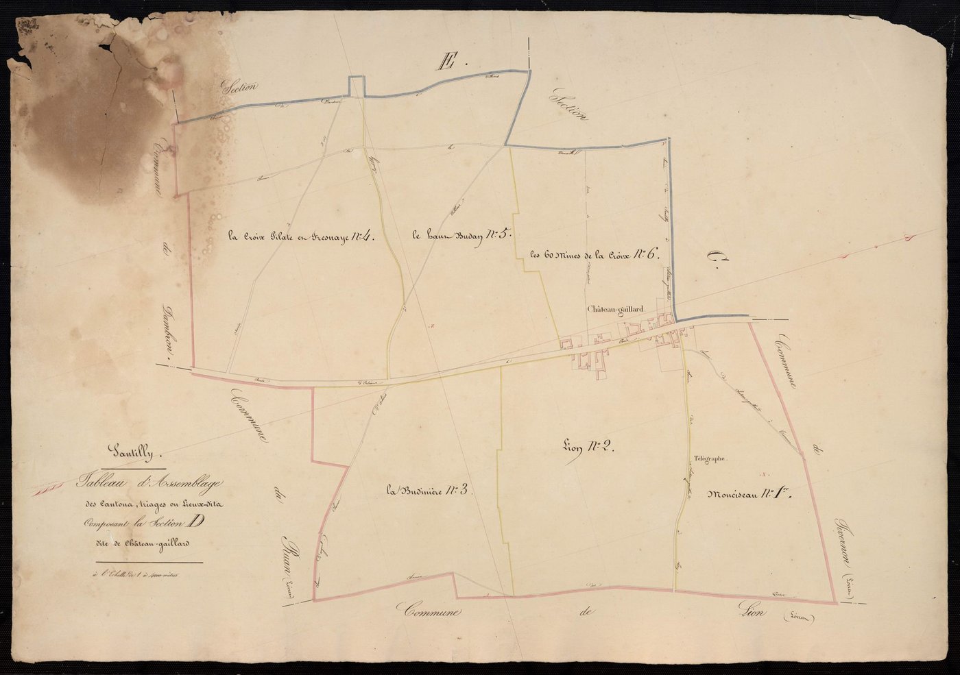 Tableau d'assemblage des cantons, triages ou lieux-dits composant la section D, Château-Gaillard.