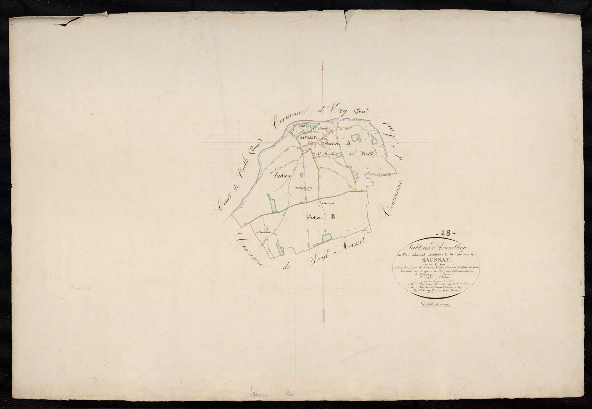 Tableau d'assemblage du plan cadastral parcellaire de la commune de Saussay, Canton d'Anet, Arrondissement de Dreux / Terminé sur le terrain en 1833 (...) par Monsieur Lesage, Géomètre de 1ère classe.