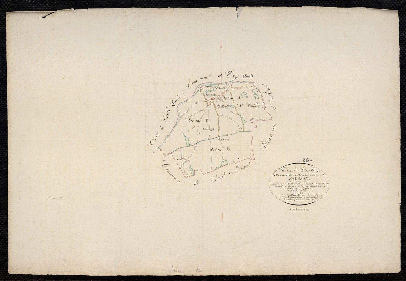 Tableau d'assemblage du plan cadastral parcellaire de la commune de Saussay, Canton d'Anet, Arrondissement de Dreux / Terminé sur le terrain en 1833 (...) par Monsieur Lesage, Géomètre de 1ère classe.