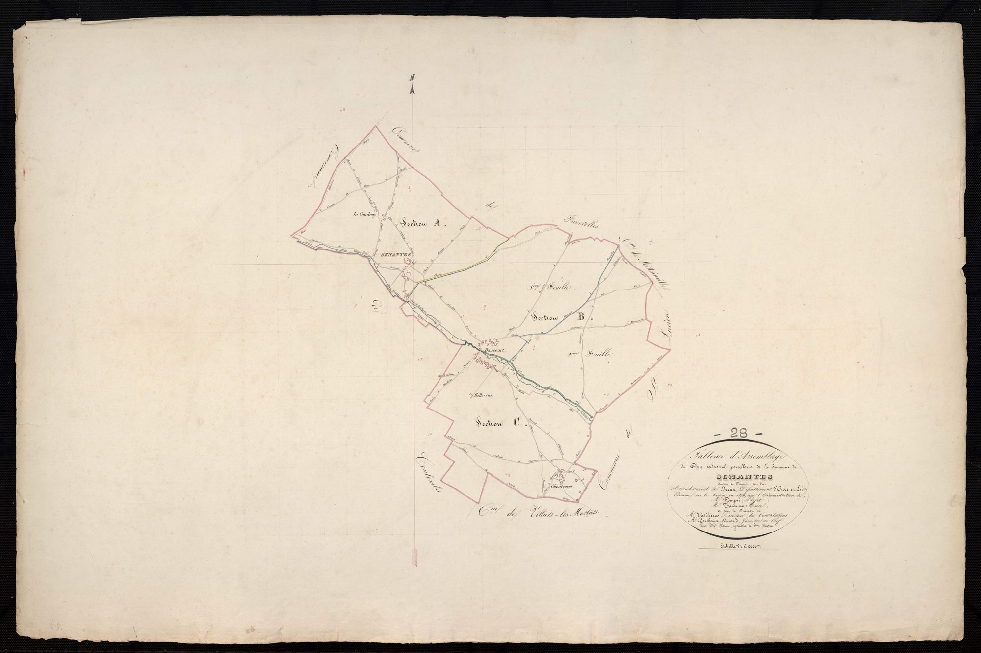 Tableau d'assemblage du plan cadastral parcellaire de la commune de Senantes, Canton de Nogent-le-Roi, Arrondissement de Dreux / Terminé sur le terrain en 1834 (...) par Monsieur Adam, Géomètre de 1ère classe.