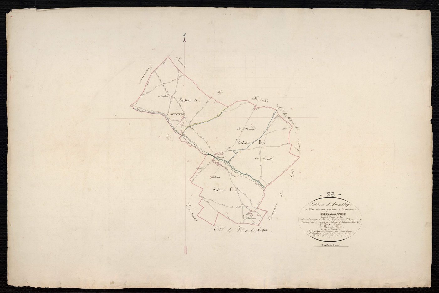 Tableau d'assemblage du plan cadastral parcellaire de la commune de Senantes, Canton de Nogent-le-Roi, Arrondissement de Dreux / Terminé sur le terrain en 1834 (...) par Monsieur Adam, Géomètre de 1ère classe.