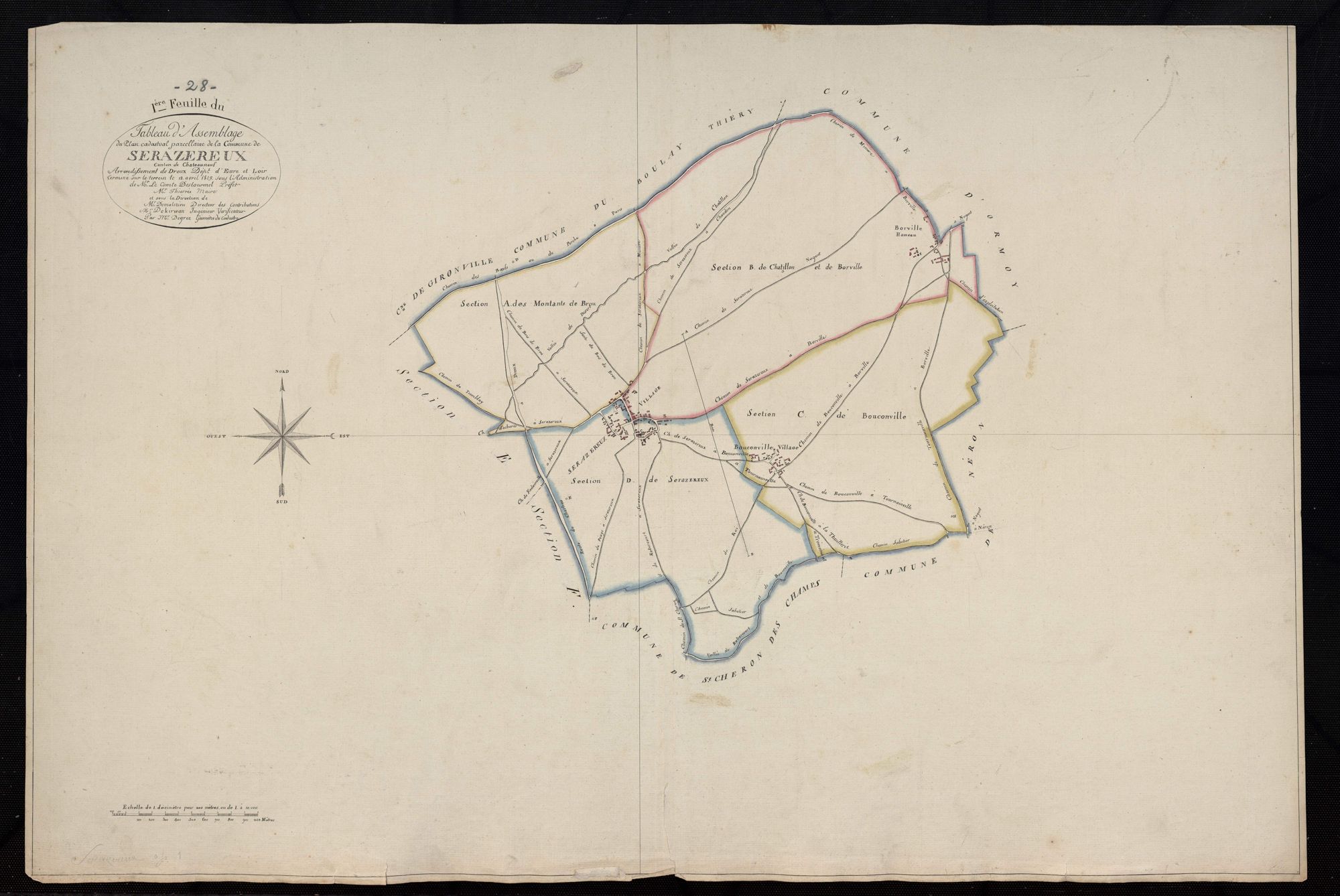 Tableau d'assemblage du plan cadastral parcellaire de la commune de Serazereux, Canton de Châteauneuf, Arrondissement de Dreux, feuille 1 / Terminé sur le terrain en 1819 (...) par Monsieur Degrez, Géomètre du cadastre.