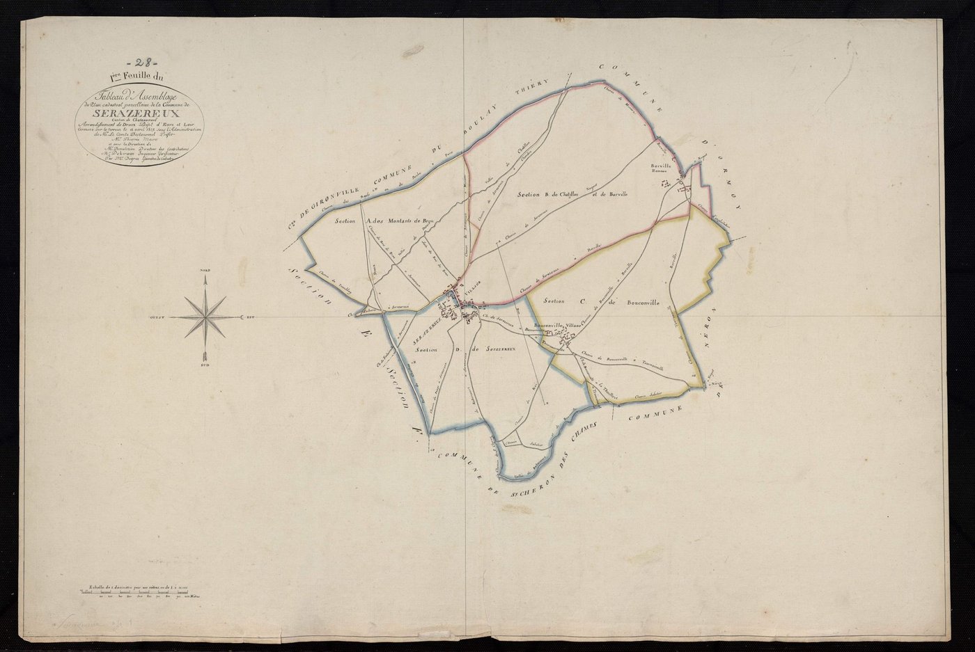 Tableau d'assemblage du plan cadastral parcellaire de la commune de Serazereux, Canton de Châteauneuf, Arrondissement de Dreux, feuille 1 / Terminé sur le terrain en 1819 (...) par Monsieur Degrez, Géomètre du cadastre.