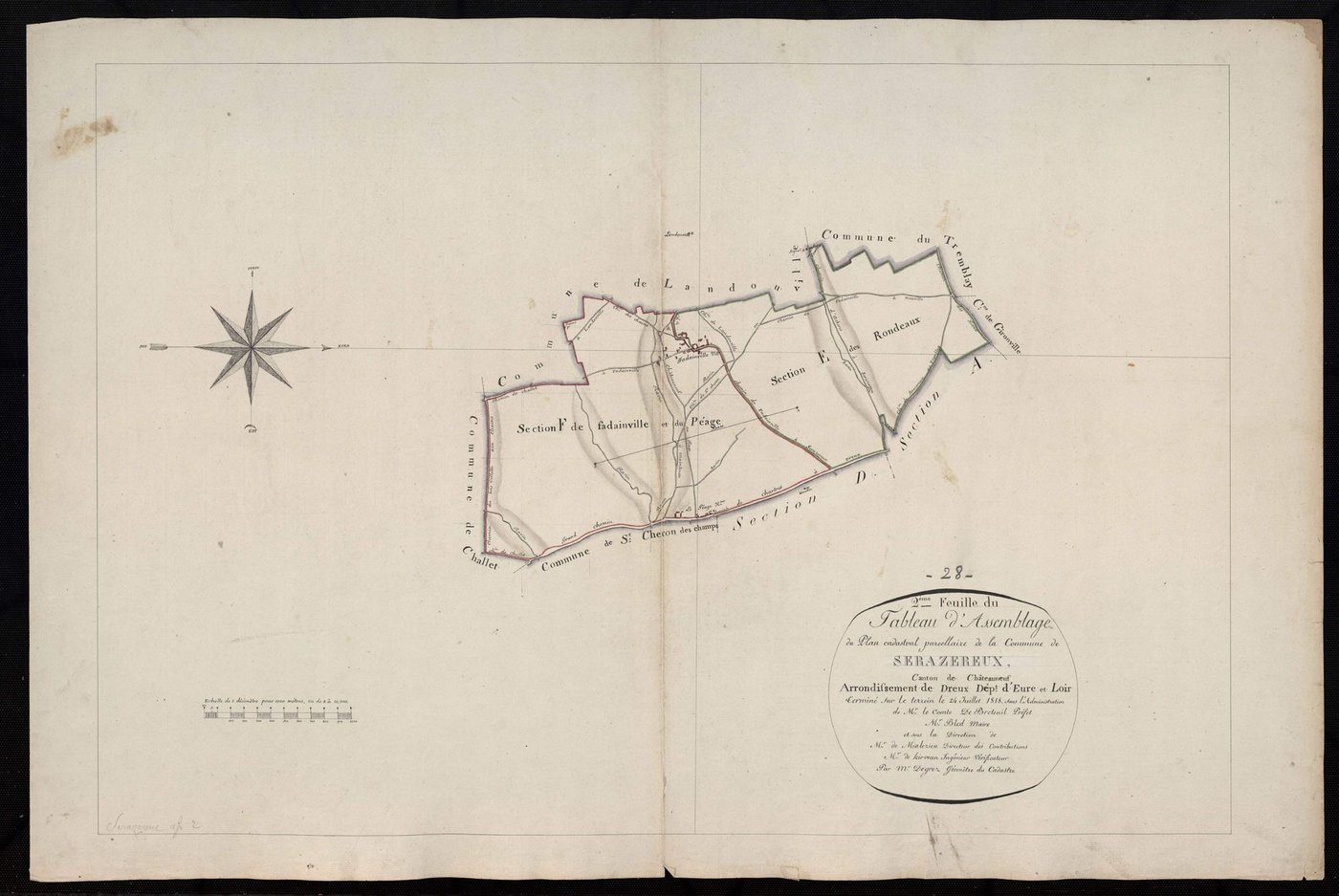 Tableau d'assemblage du plan cadastral parcellaire de la commune de Serazereux, Canton de Châteauneuf, Arrondissement de Dreux, feuille 2 / Terminé sur le terrain en 1819 (...) par Monsieur Degrez, Géomètre du cadastre.