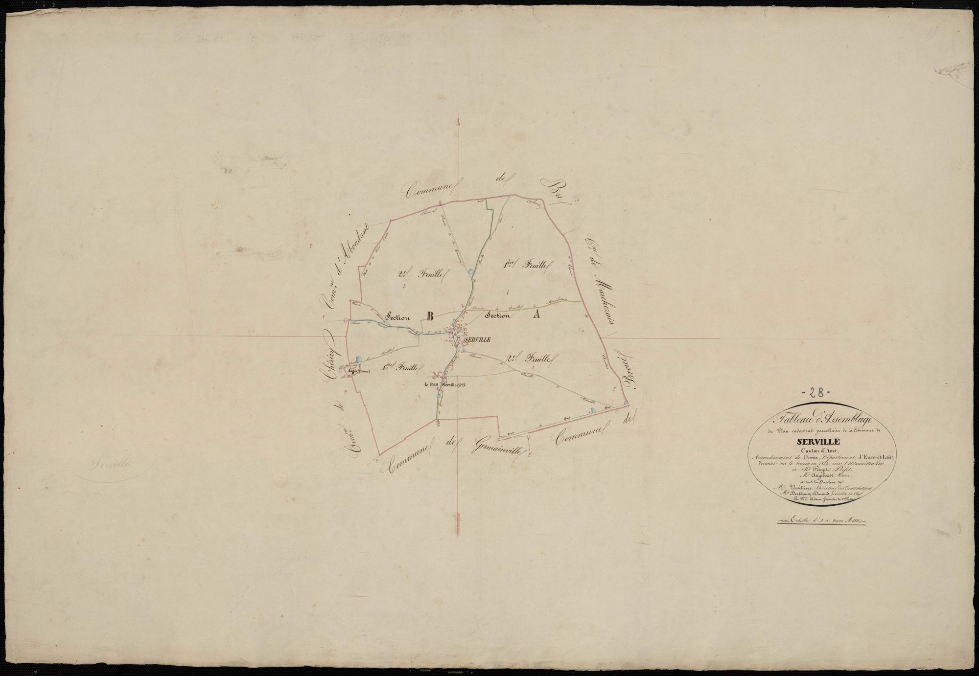 Tableau d'assemblage du plan cadastral parcellaire de la commune de Serville, Canton d'Anet, Arrondissement de Dreux / Terminé sur le terrain en 1834 (...) par Monsieur Adam, Géomètre de 1ère classe.