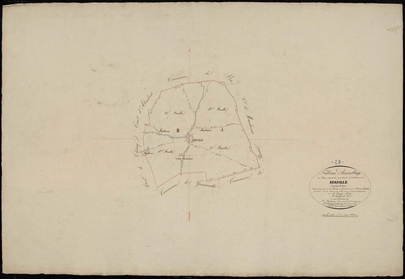 Tableau d'assemblage du plan cadastral parcellaire de la commune de Serville, Canton d'Anet, Arrondissement de Dreux / Terminé sur le terrain en 1834 (...) par Monsieur Adam, Géomètre de 1ère classe.