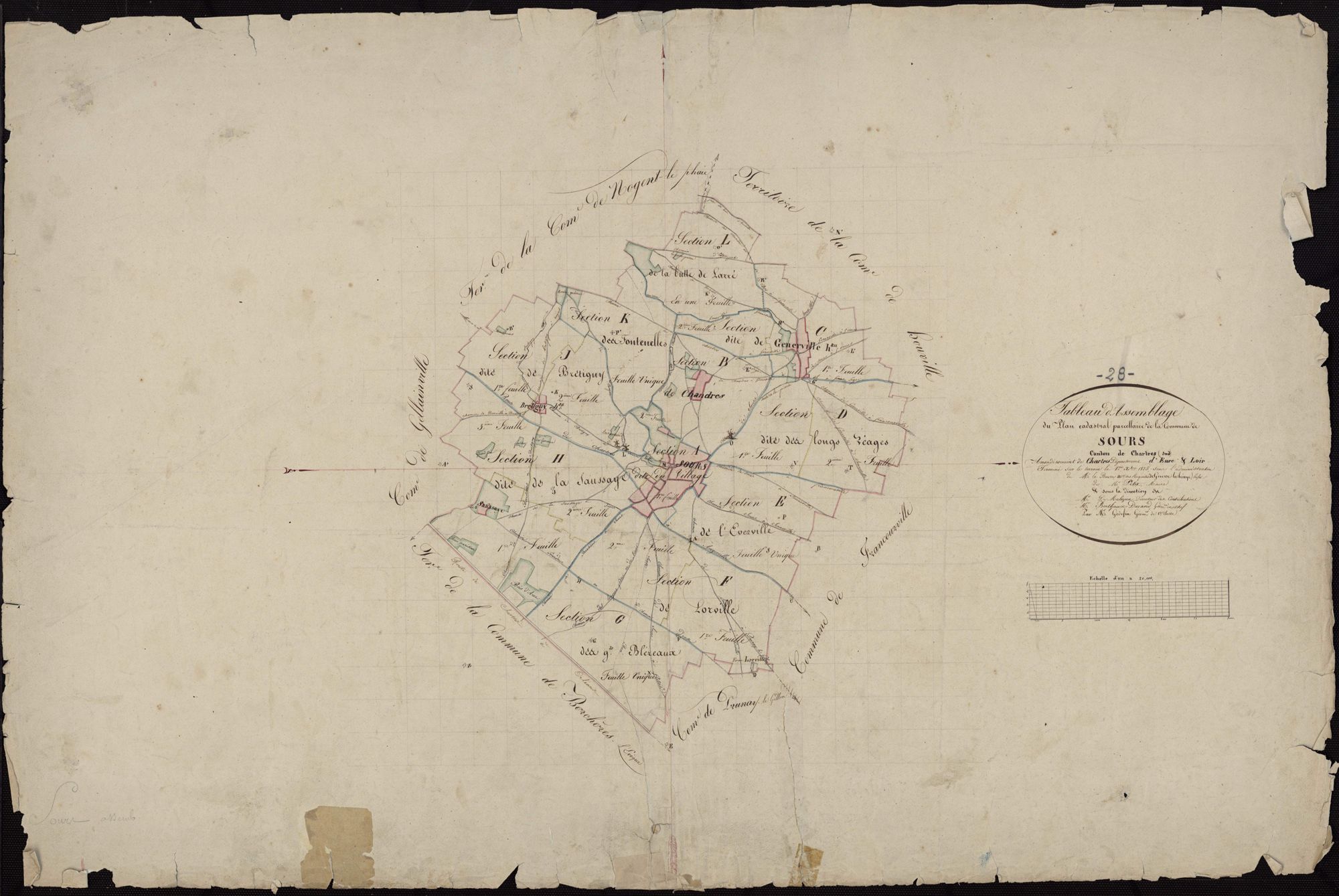 Tableau d'assemblage du plan cadastral parcellaire de la commune de Sours, Canton de Chartres, Arrondissement de Chartres / Terminé sur le terrain en 1825 (...) par Monsieur Godefin, Géomètre de 1ère classe.