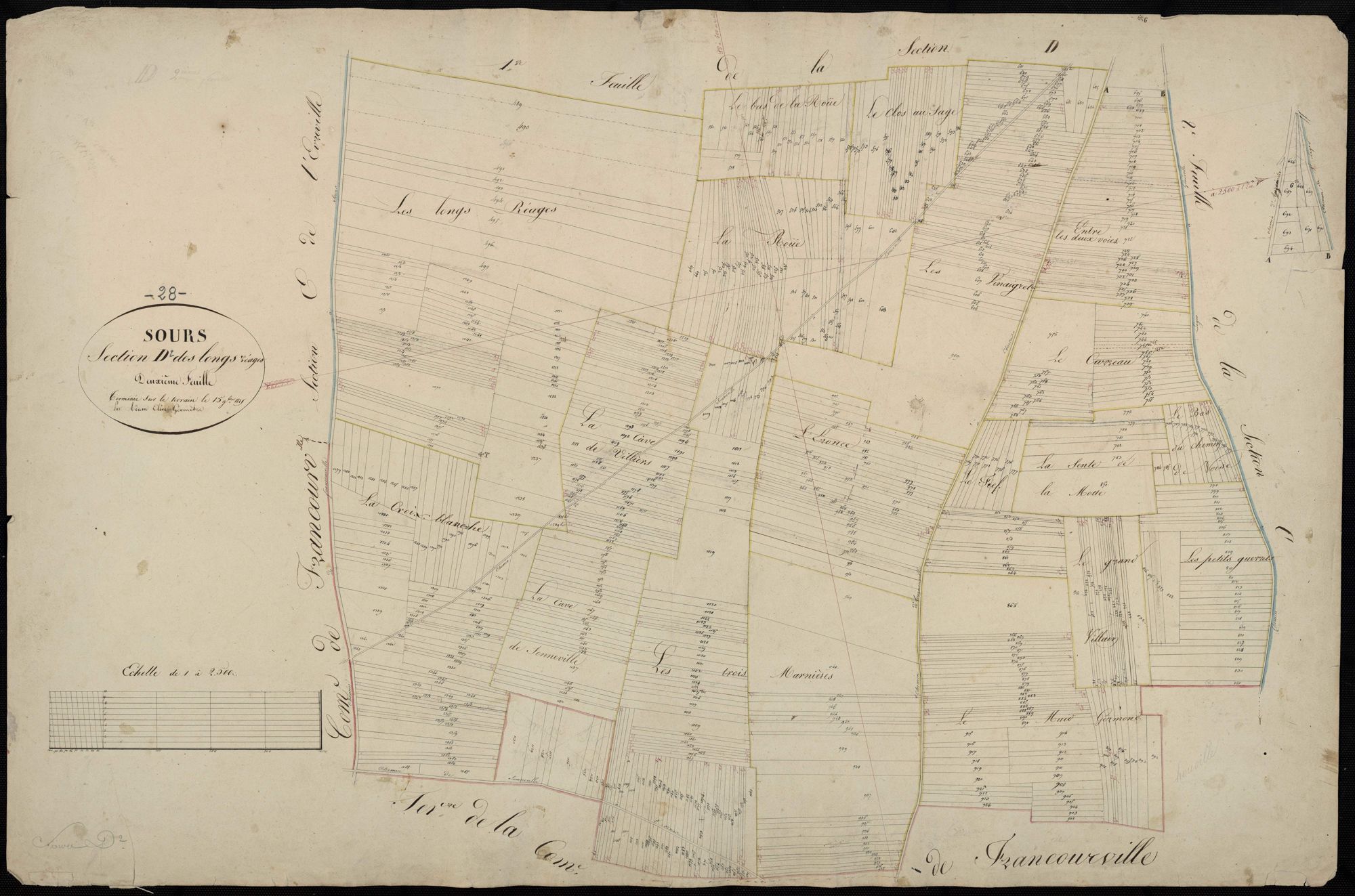 Section D, les Longs Réages, feuille 2 / Terminée sur le terrain par Monsieur Adam, élève géomètre.