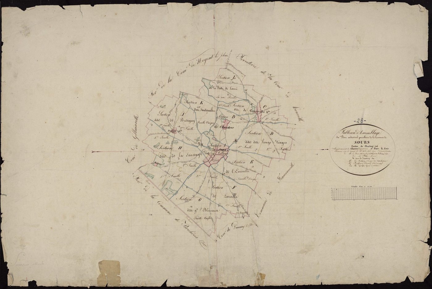 Tableau d'assemblage du plan cadastral parcellaire de la commune de Sours, Canton de Chartres, Arrondissement de Chartres / Terminé sur le terrain en 1825 (...) par Monsieur Godefin, Géomètre de 1ère classe.