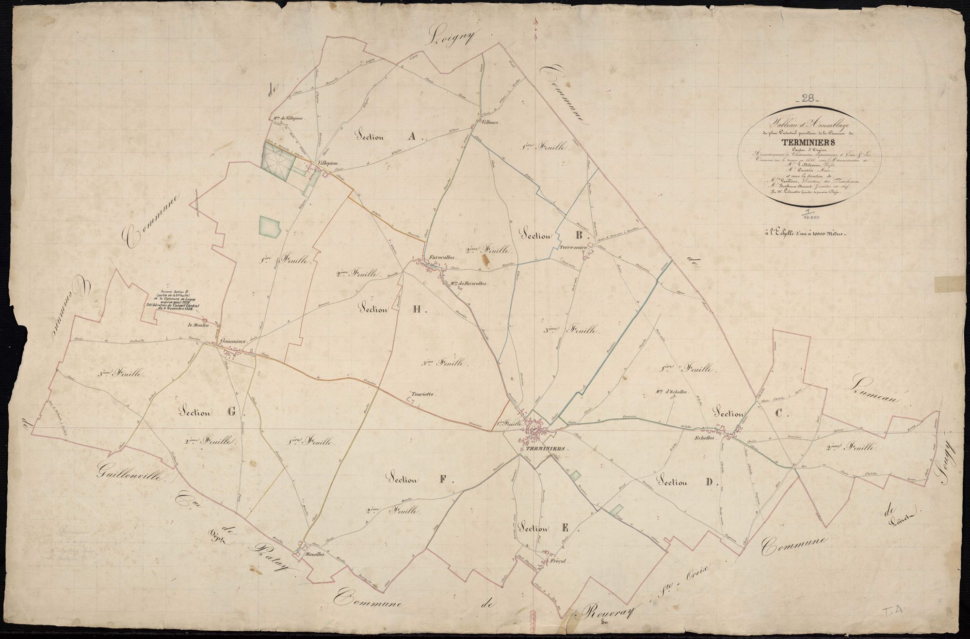 Tableau d'assemblage du plan cadastral parcellaire de la commune de Terminiers, Canton d'Orgères, Arrondissement de Châteaudun / Terminé sur le terrain en 1836 (...) par Monsieur Lelouatre, Géomètre de 1ère classe.