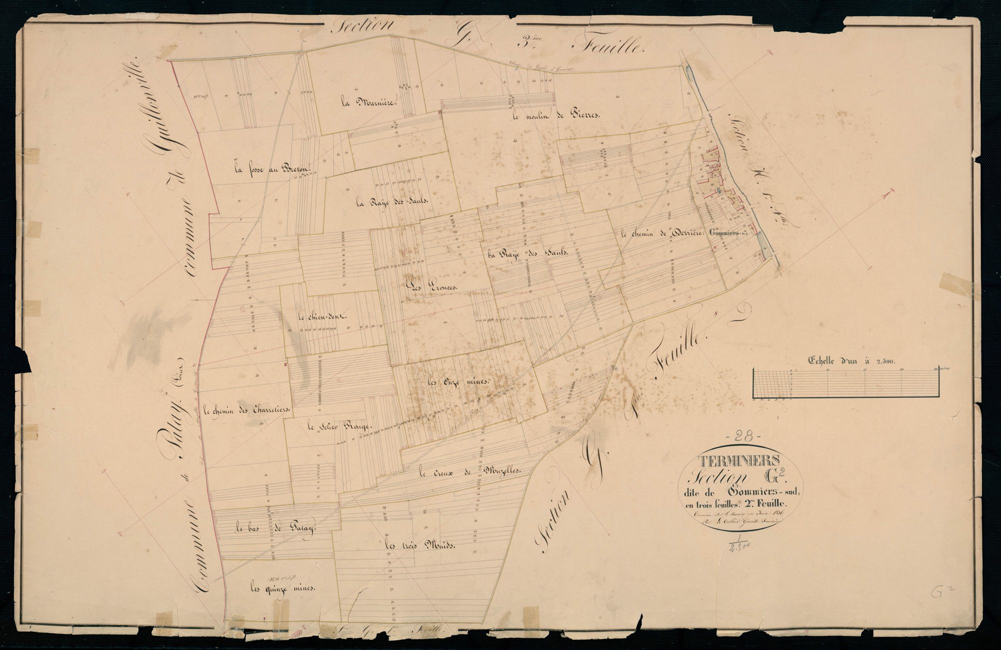 Section G, Gommiers-Sud, feuille 2 / Terminée sur le terrain par Monsieur Le Tellier, Géomètre secondaire.