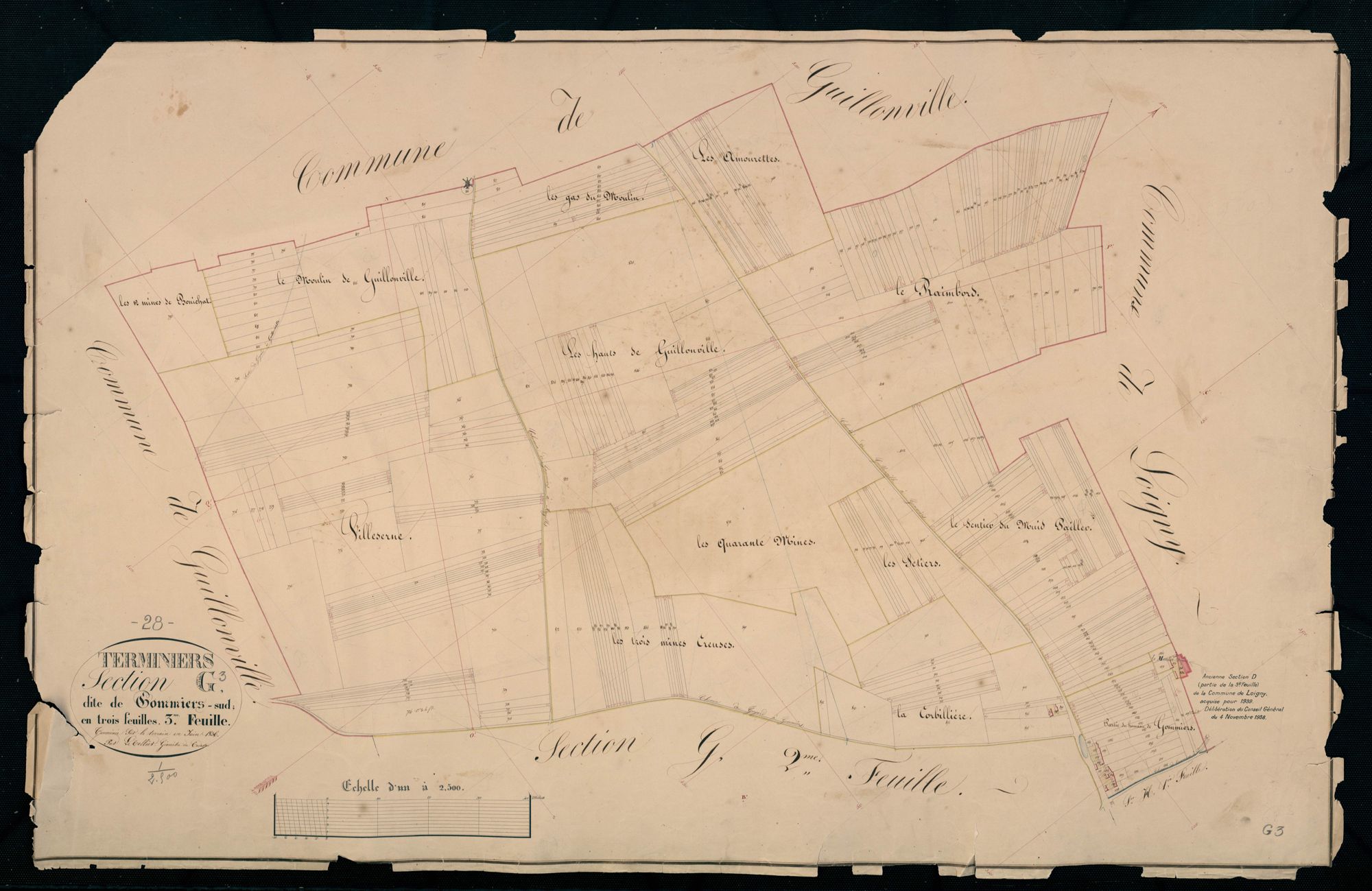 Section G, Gommiers-Sud, feuille 3 / Terminée sur le terrain par Monsieur Le Tellier, Géomètre secondaire.