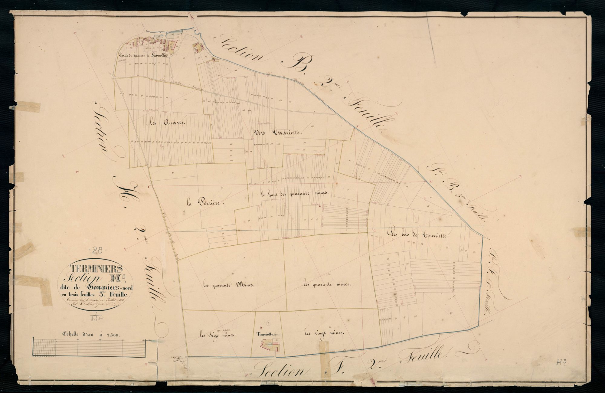 Section H, Gommiers-Nord, feuille 3 / Terminée sur le terrain par Monsieur Le Tellier, Géomètre secondaire.