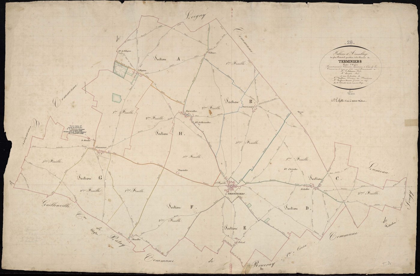 Tableau d'assemblage du plan cadastral parcellaire de la commune de Terminiers, Canton d'Orgères, Arrondissement de Châteaudun / Terminé sur le terrain en 1836 (...) par Monsieur Lelouatre, Géomètre de 1ère classe.
