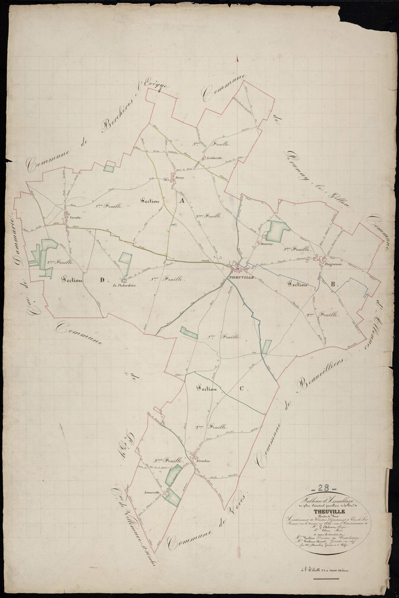 Tableau d'assemblage du plan cadastral parcellaire de la commune de Theuville, Canton de Voves, Arrondissement de Chartres / Terminé sur le terrain en 1835 (...) par Monsieur Démoulin, Géomètre de 1ère classe.