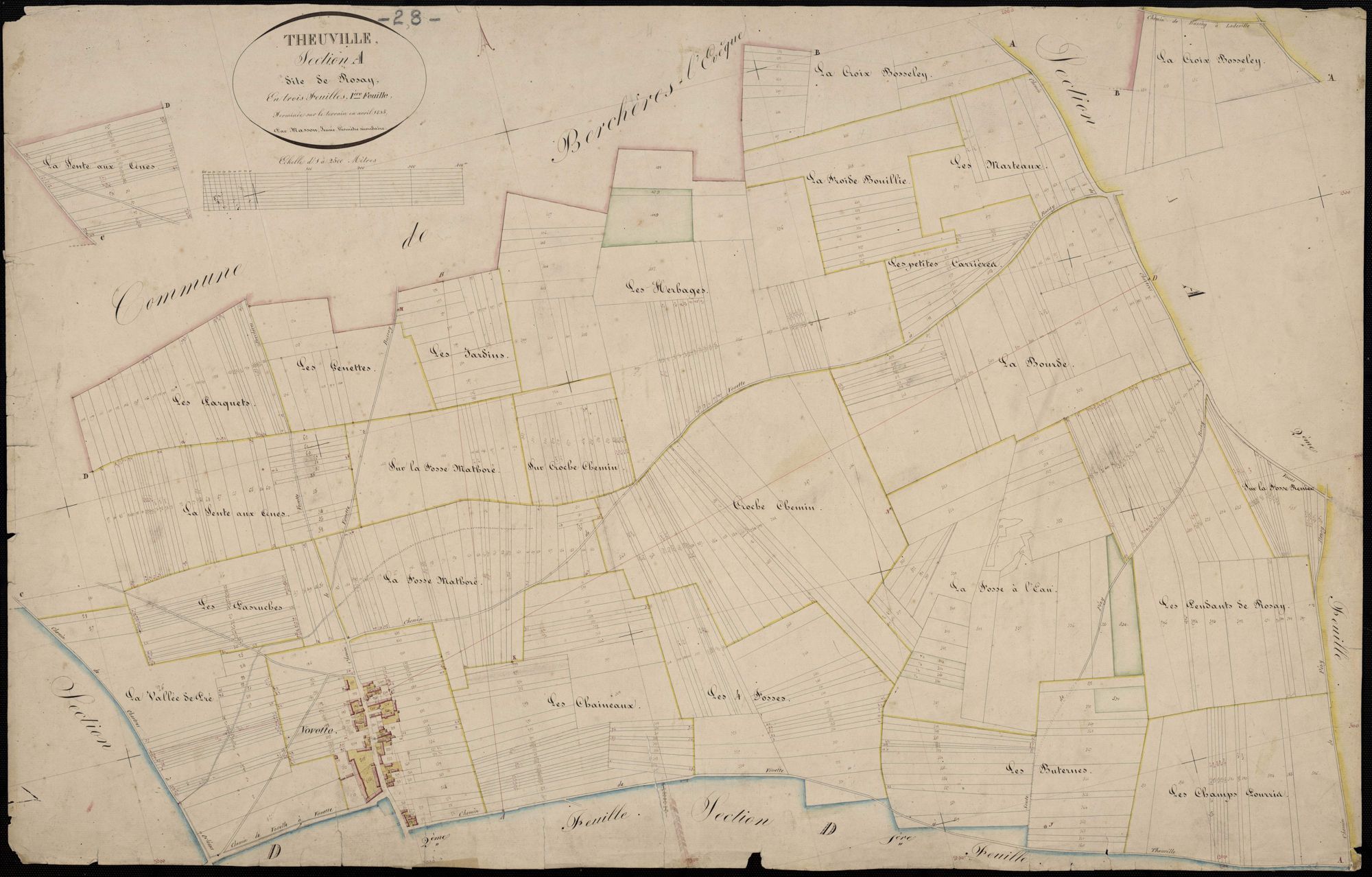 Section A, Rosay, feuille 1 / Terminée sur le terrain par Monsieur Masson, Géomètre secondaire.