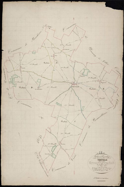 Tableau d'assemblage du plan cadastral parcellaire de la commune de Theuville, Canton de Voves, Arrondissement de Chartres / Terminé sur le terrain en 1835 (...) par Monsieur Démoulin, Géomètre de 1ère classe.