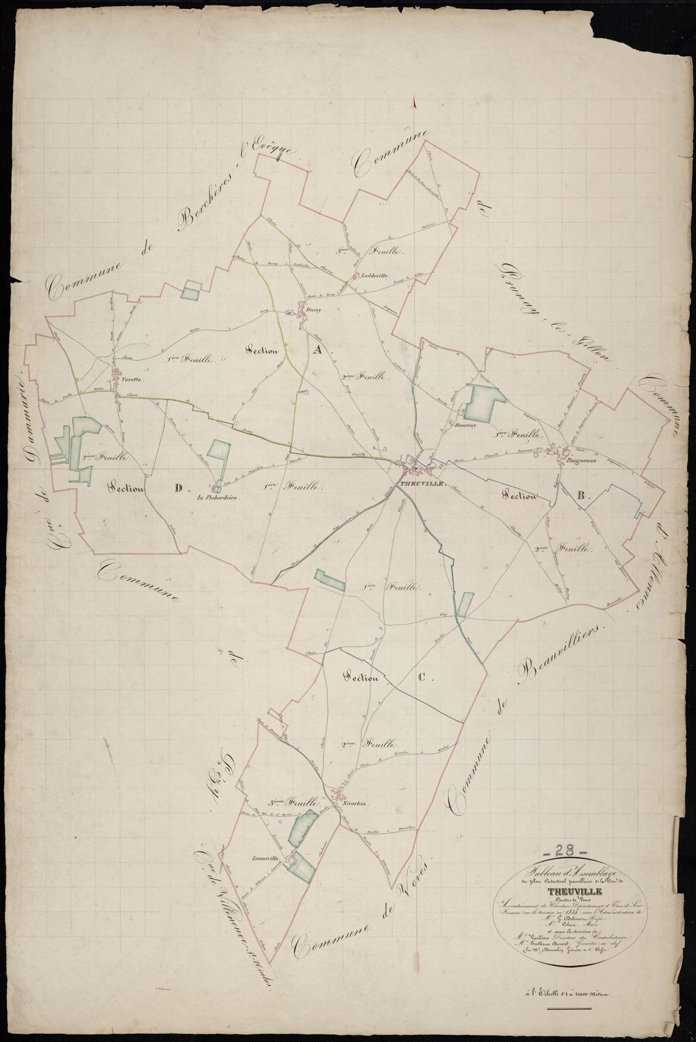 Tableau d'assemblage du plan cadastral parcellaire de la commune de Theuville, Canton de Voves, Arrondissement de Chartres / Terminé sur le terrain en 1835 (...) par Monsieur Démoulin, Géomètre de 1ère classe.