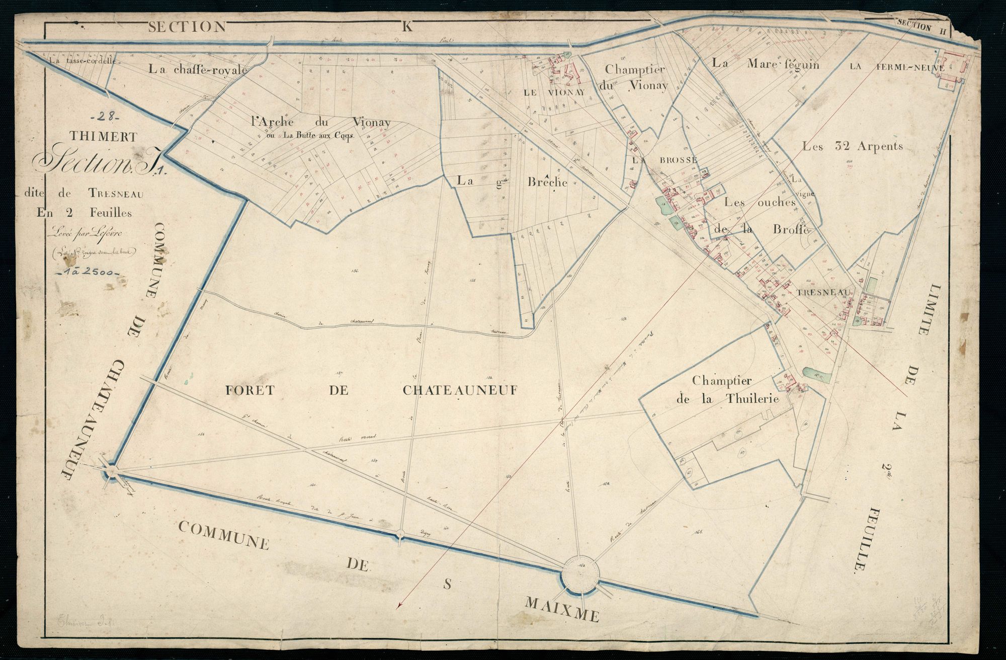 Section I, Tresneau, feuille 1 / Terminée sur le terrain par Monsieur Lefevre, Géomètre secondaire.