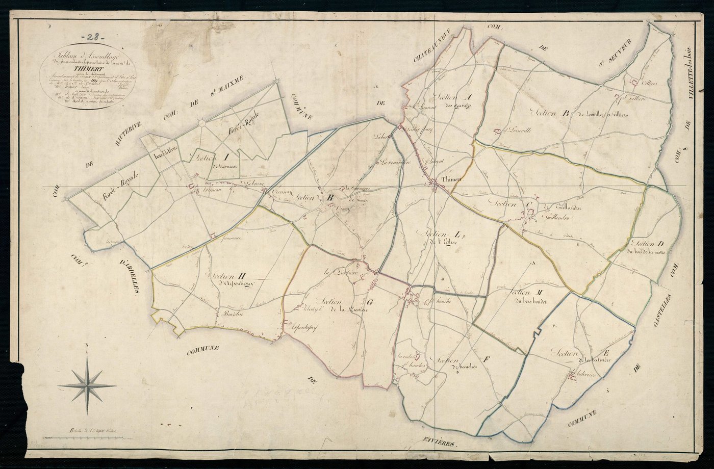 Tableau d'assemblage du plan cadastral parcellaire de la commune de Thimert, Canton de Châteauneuf, Arrondissement de Dreux / Terminé sur le terrain en 1819 (...) par Monsieur Morlet, Géomètre du cadastre.