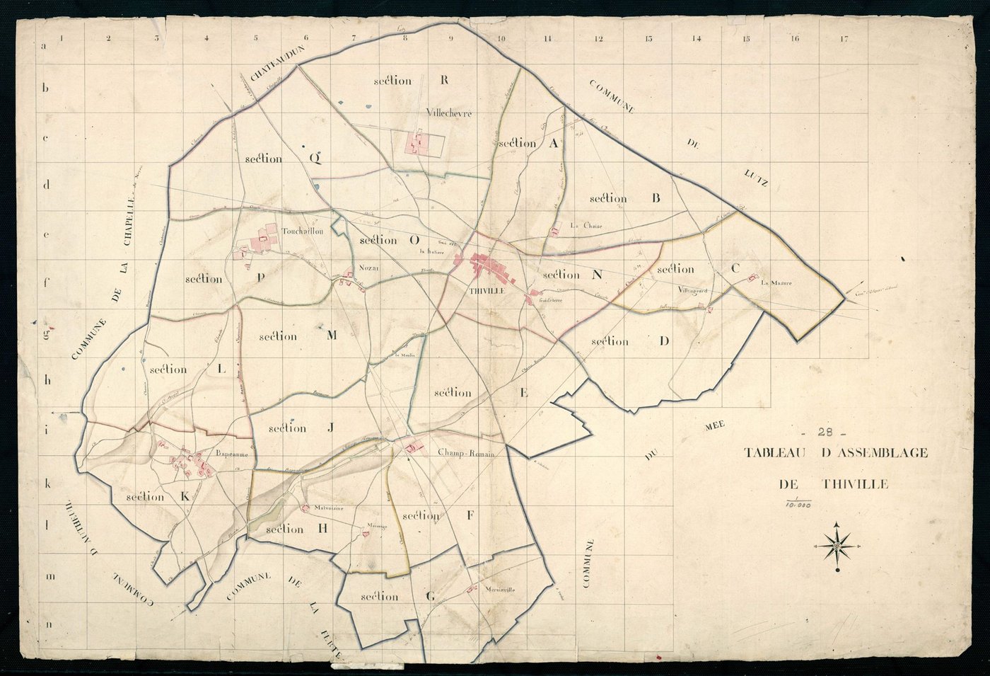 Tableau d'assemblage du plan cadastral parcellaire de la commune de Thiville, Canton de Châteaudun, Arrondissement de Châteaudun.