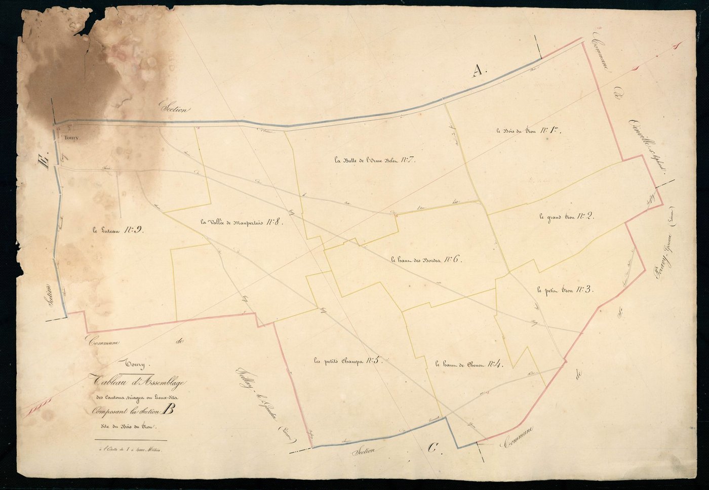 Tableau d'assemblage des cantons, triages ou lieux-dits, composant la section B, le Bois du Frou.