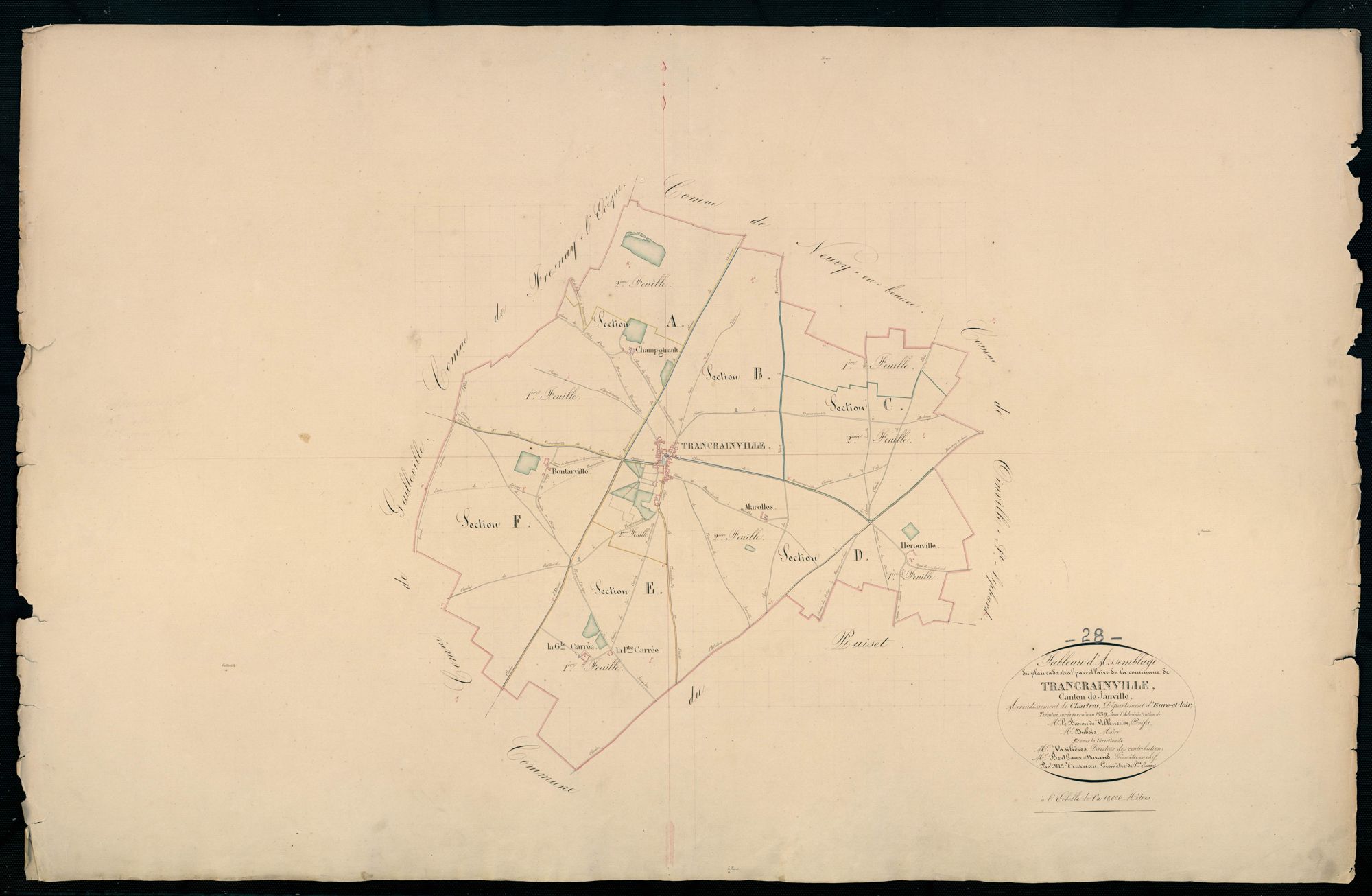 Tableau d'assemblage du plan cadastral parcellaire de la commune de Trancrainville, Canton de Janville, Arrondissement de Chartres / Terminé sur le terrain en 1839 (...) par Monsieur Teurreau, Géomètre de 1ère classe.