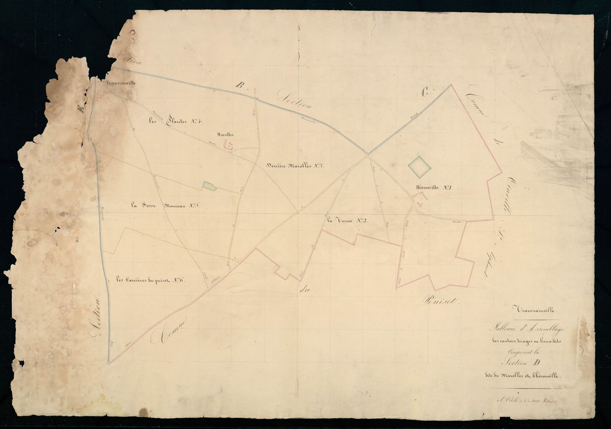 Tableau d'assemblage des cantons, triages, ou lieux-dits composant la section D, Marolles et Hérouville.