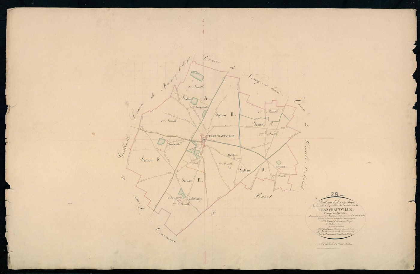 Tableau d'assemblage du plan cadastral parcellaire de la commune de Trancrainville, Canton de Janville, Arrondissement de Chartres / Terminé sur le terrain en 1839 (...) par Monsieur Teurreau, Géomètre de 1ère classe.