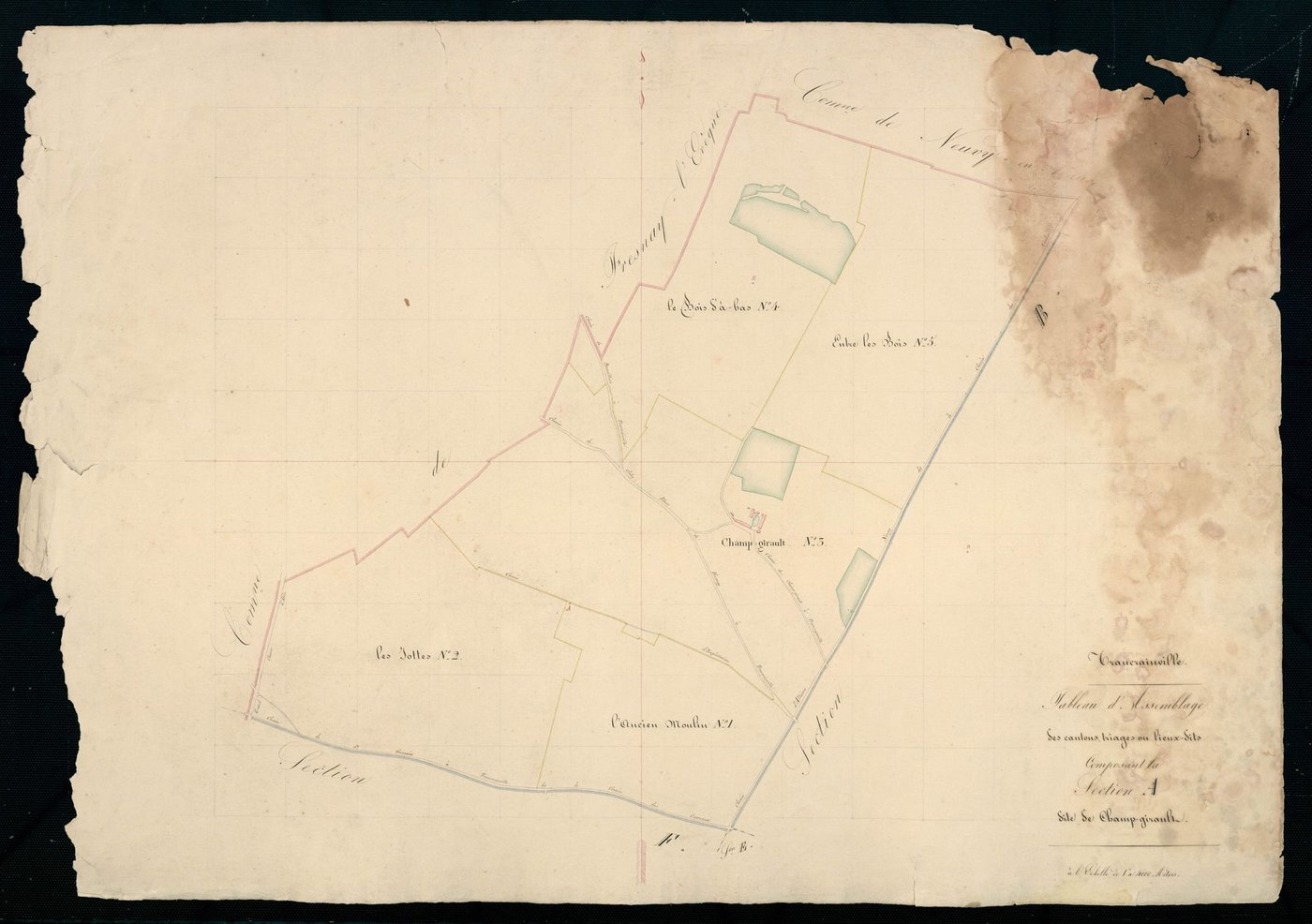 Tableau d'assemblage des cantons, triages ou lieux-dits composant la section A, Champ-Girault.