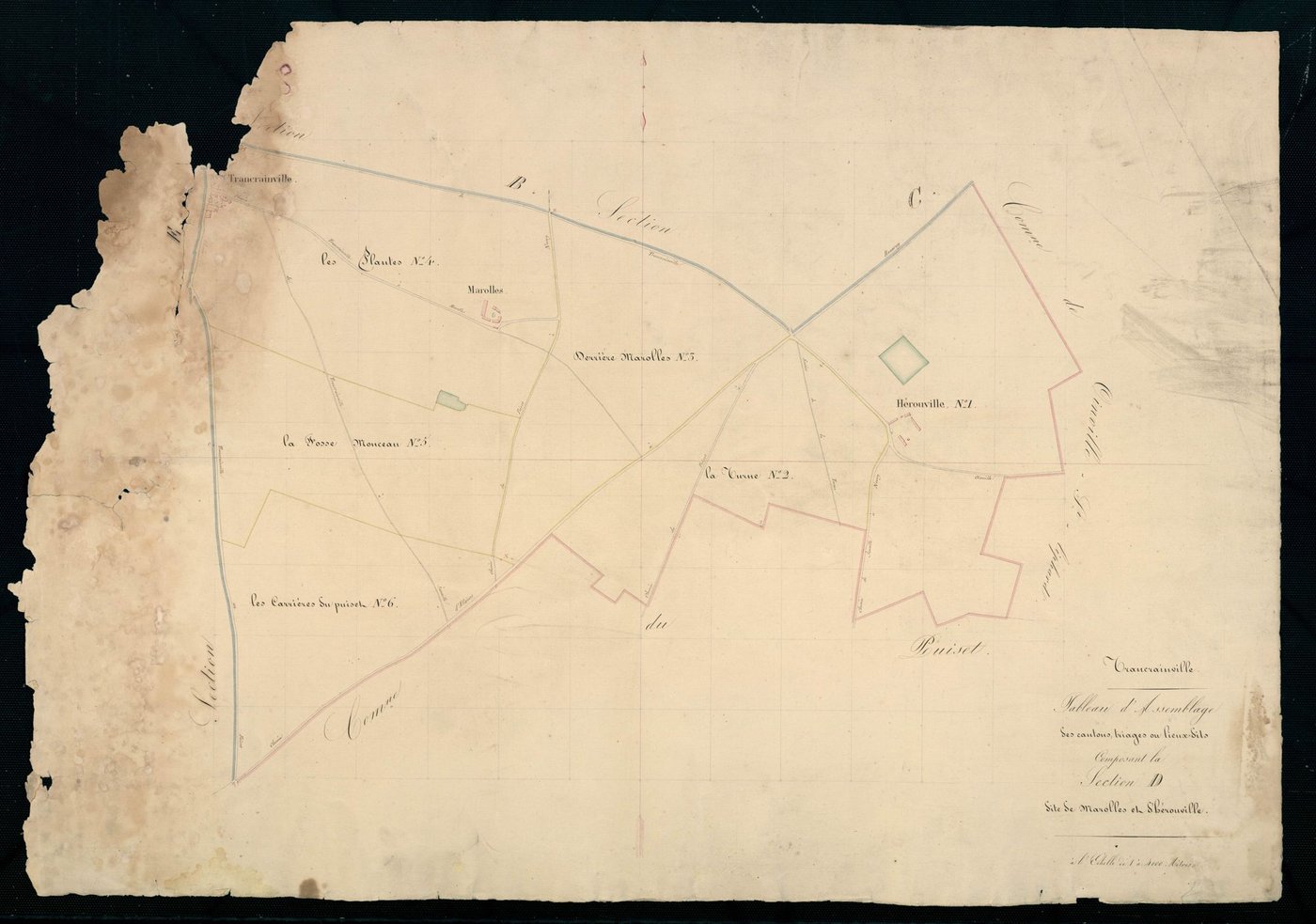 Tableau d'assemblage des cantons, triages, ou lieux-dits composant la section D, Marolles et Hérouville.