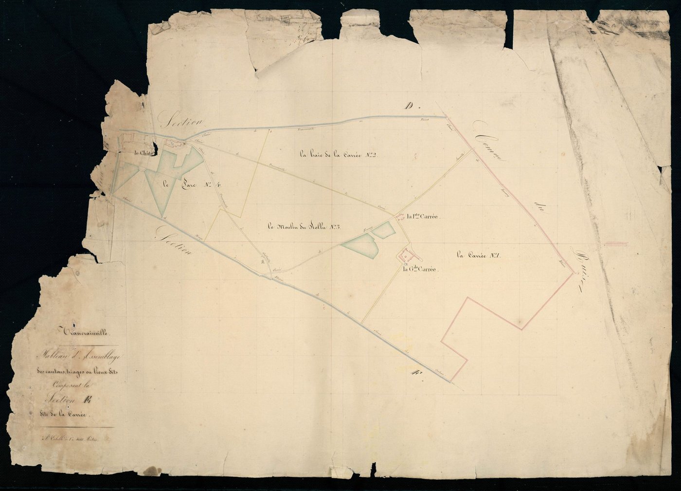 Tableau d'assemblage des cantons, triages ou lieux-dits composant la section E, la Carrée.