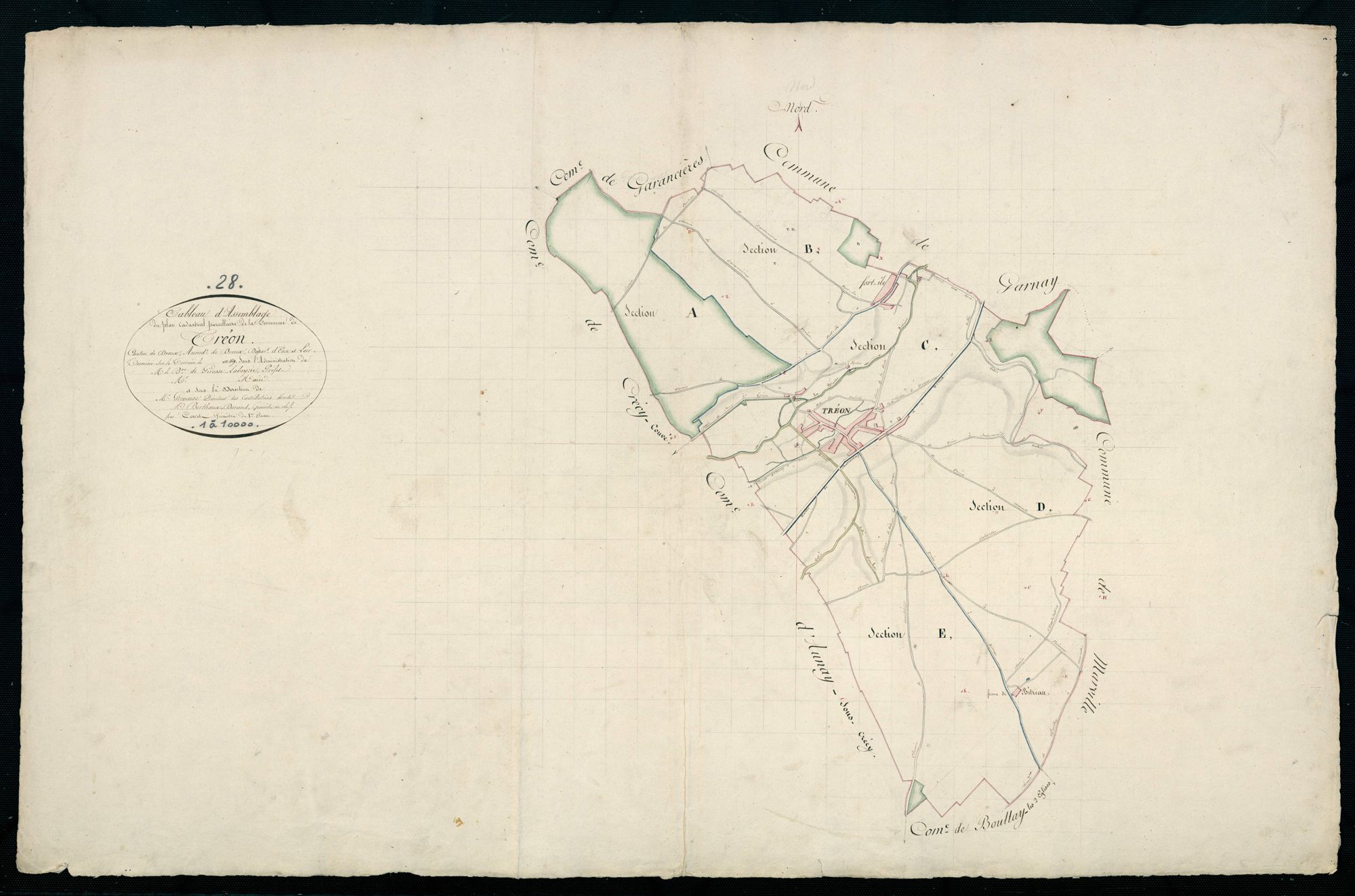 Tableau d'assemblage du plan cadastral parcellaire de la commune de Tréon, Canton de Dreux, Arrondissement de Dreux / Terminé sur le terrain en 1829 (...) par Monsieur Court, Géomètre de 1ère classe.