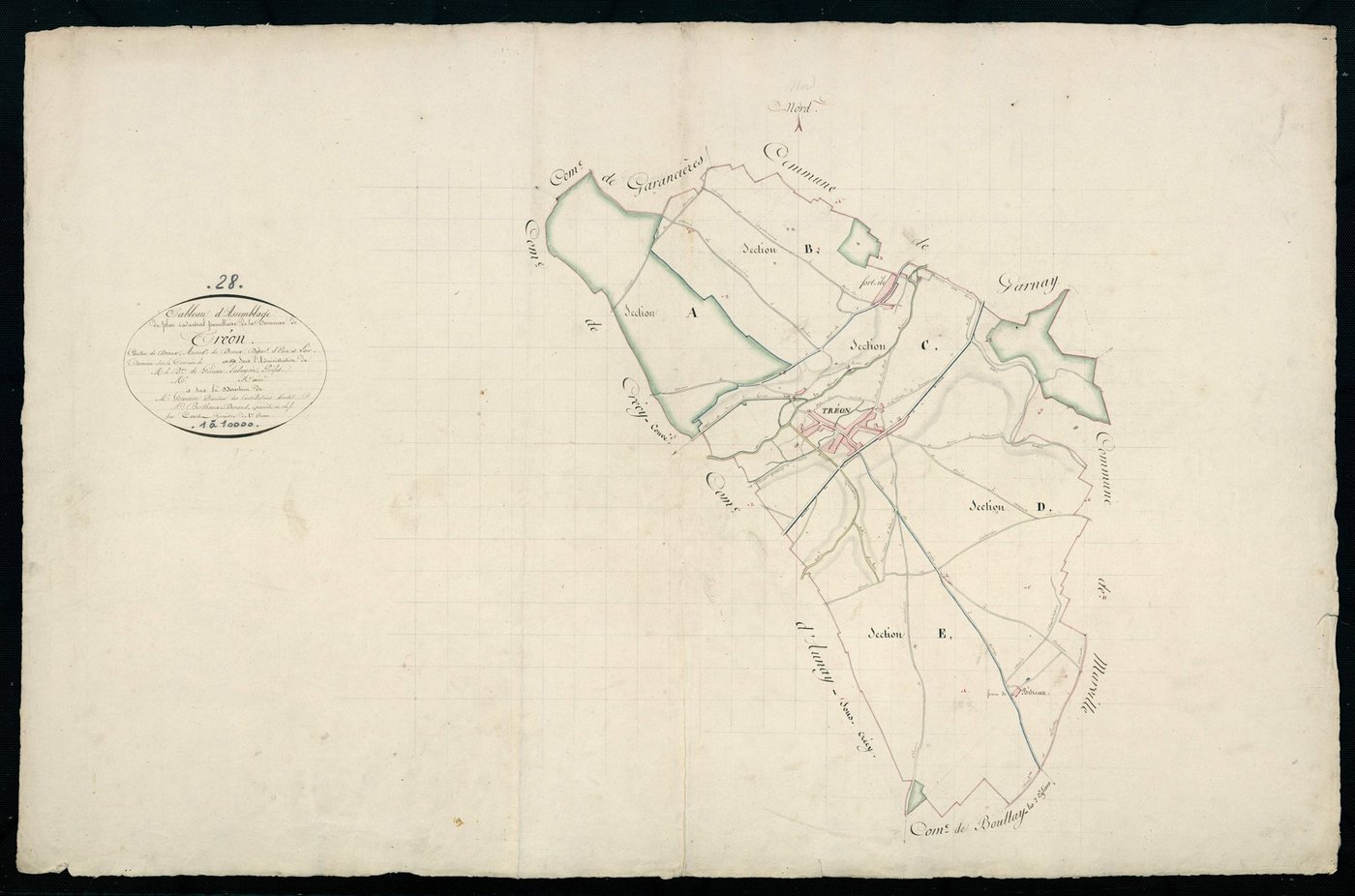 Tableau d'assemblage du plan cadastral parcellaire de la commune de Tréon, Canton de Dreux, Arrondissement de Dreux / Terminé sur le terrain en 1829 (...) par Monsieur Court, Géomètre de 1ère classe.
