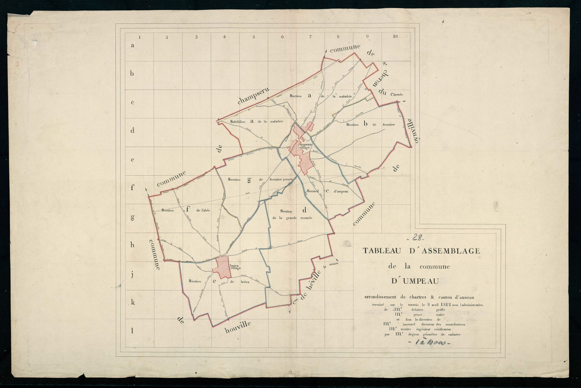 Tableau d'assemblage du plan cadastral parcellaire de la commune d'Umpeau, Canton d'Auneau, Arrondissement de Chartres / Terminé sur le terrain en 1812 (...) par Monsieur Degrez, Géomètre du cadastre.