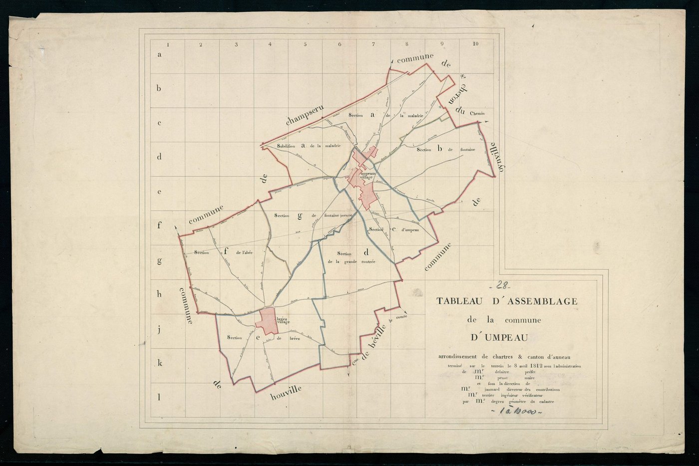 Tableau d'assemblage du plan cadastral parcellaire de la commune d'Umpeau, Canton d'Auneau, Arrondissement de Chartres / Terminé sur le terrain en 1812 (...) par Monsieur Degrez, Géomètre du cadastre.