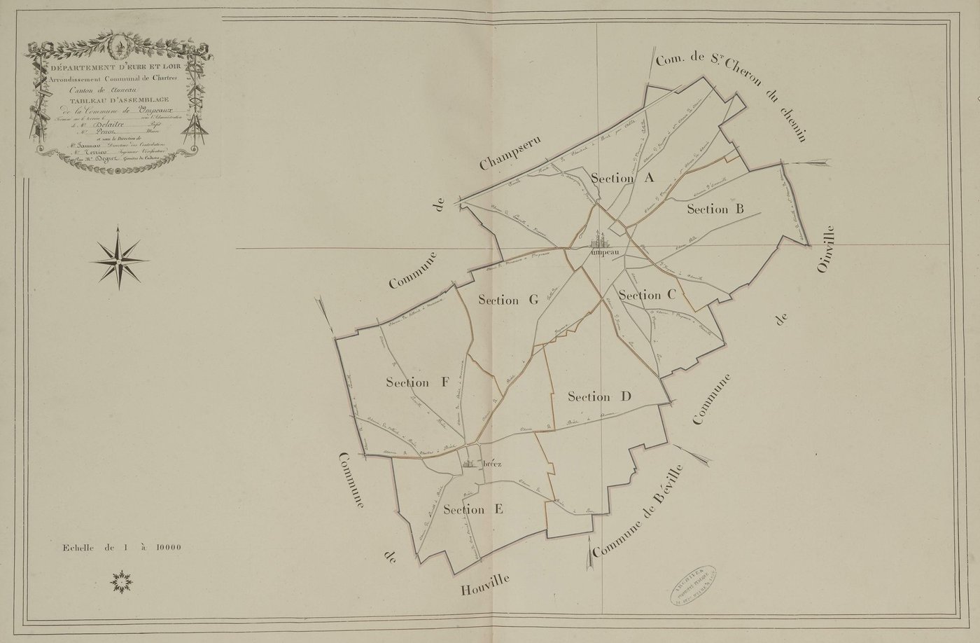 Tableau d'assemblage du plan parcellaire de la commune d'Umpeau, Canton d'Auneau, Arrondissement de Chartres / Terminé sur le terrain en 1812 (...) par Monsieur Degrez, Géomètre du cadastre.