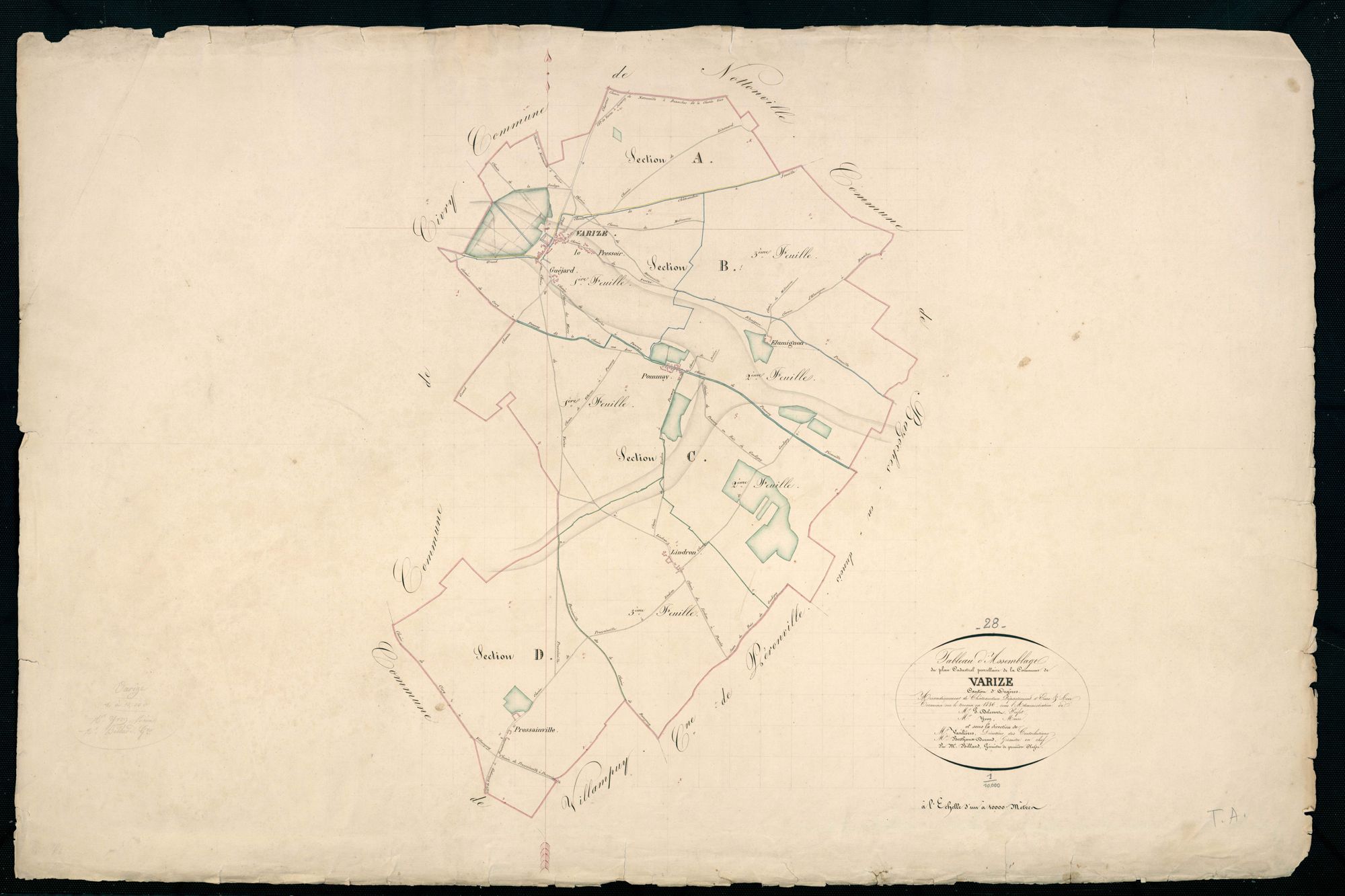 Tableau d'assemblage du plan cadastral parcellaire de la commune de Varize, Canton d'Orgères, Arrondissement de Châteaudun / Terminé sur le terrain en 1836 (...) par Monsieur Billard, Géomètre de 1ère classe.
