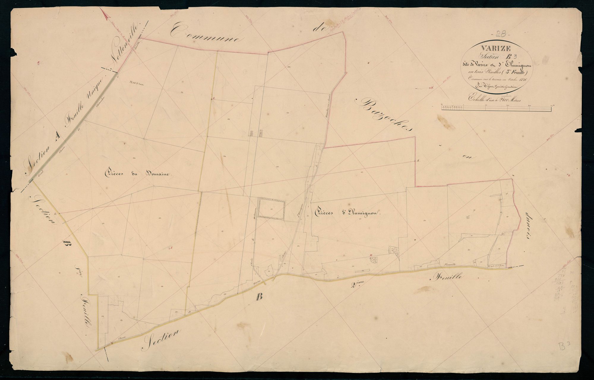 Section B, Varize et Elumignon, feuille 3 / Terminée sur le terrain par Monsieur Tissot, Géomètre secondaire.