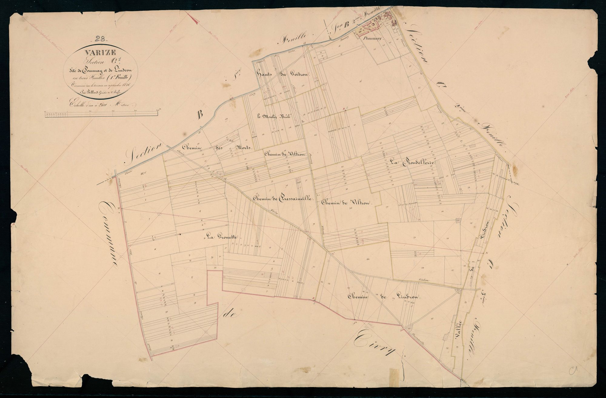 Section C, Pommay et Lindron, feuille 1 / Terminée sur le terrain par Monsieur Billard, Géomètre de 1ère classe.