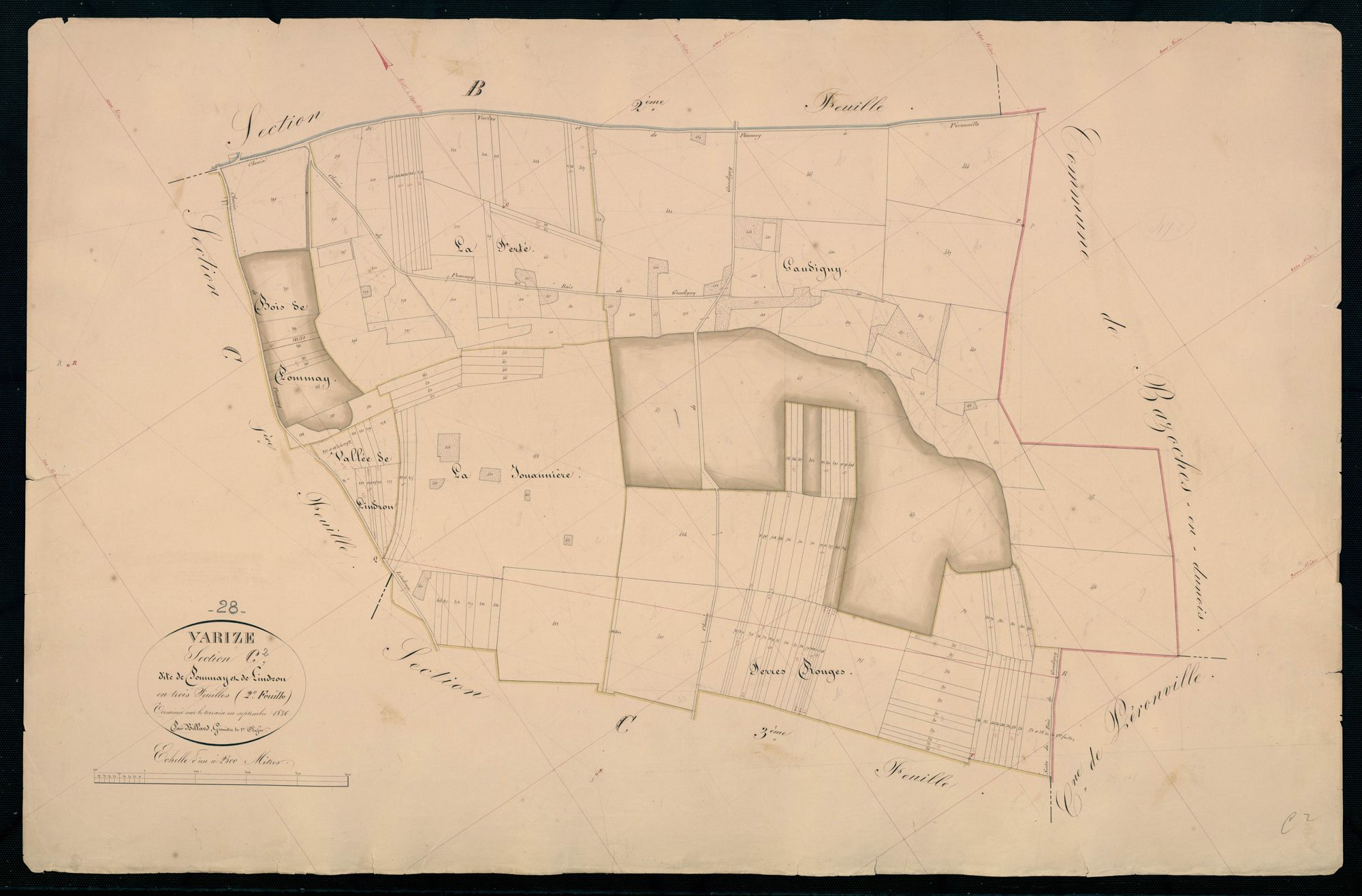 Section C, Pommay et Lindron, feuille 2 / Terminée sur le terrain par Monsieur Billard, Géomètre de 1ère classe.